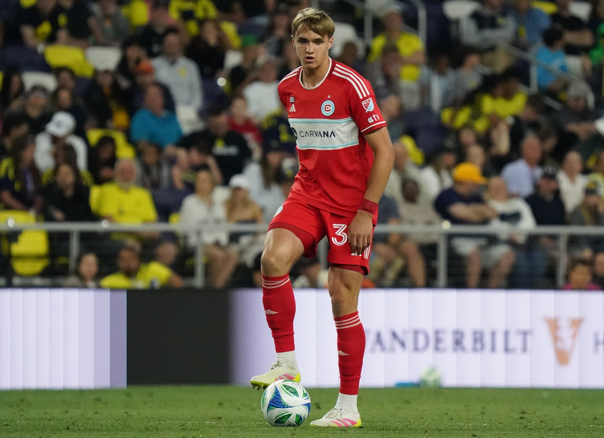 Chicago Fire center back Christopher Cupps features in his MLS debut against Nashville SC in 2025 at Geodis Park.
