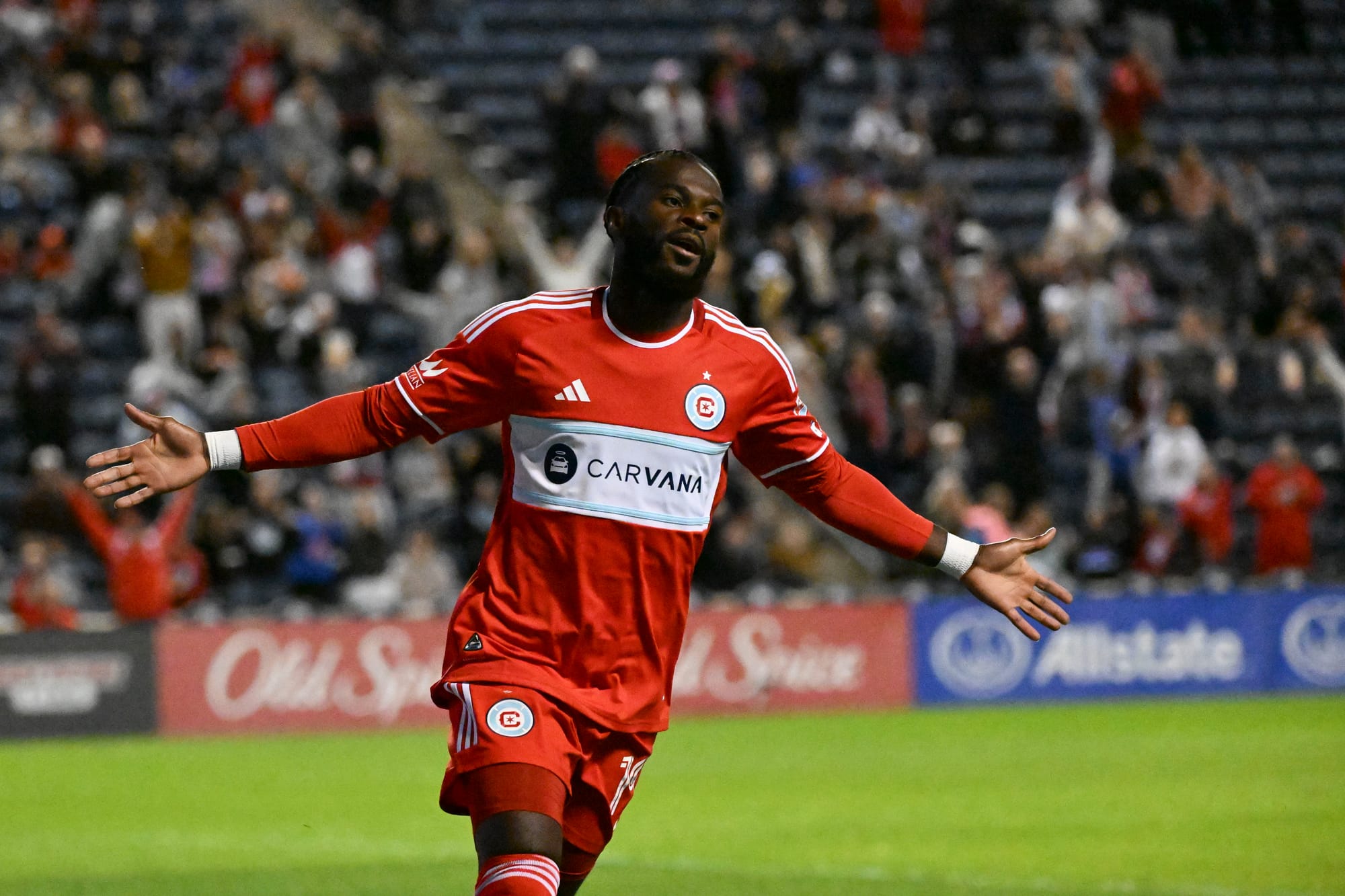 Sep 6, 2025; Bridgeview, Illinois, USA; Chicago Fire forward Jonathan Bamba (19) after he scores against the New England Revolution during the first half at SeatGeek Stadium.