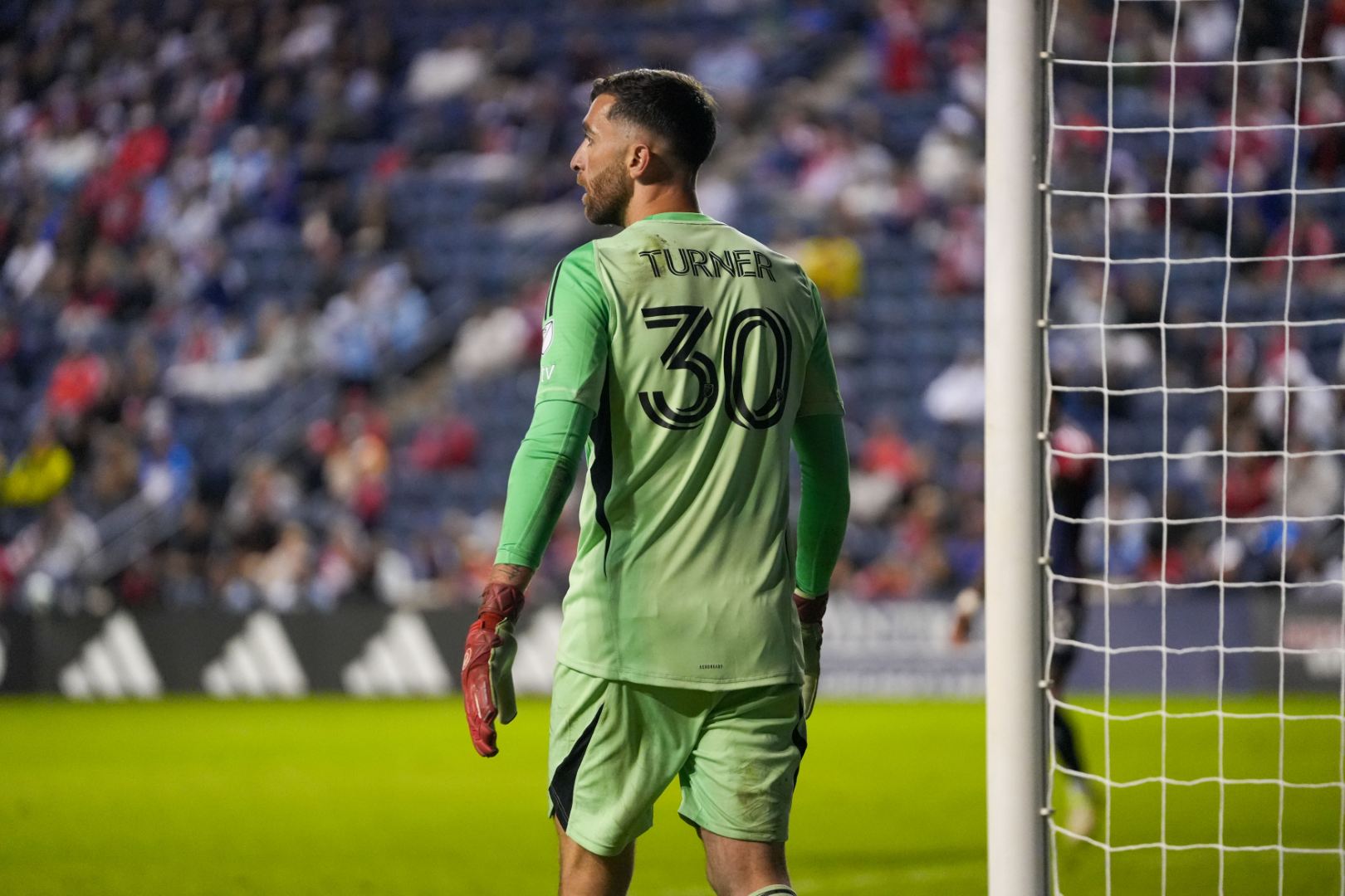 Matt Turner of the New England Revolution plays against the Chicago Fire at SeatGeek stadium in Bridgeview, IL on September 6, 2025.