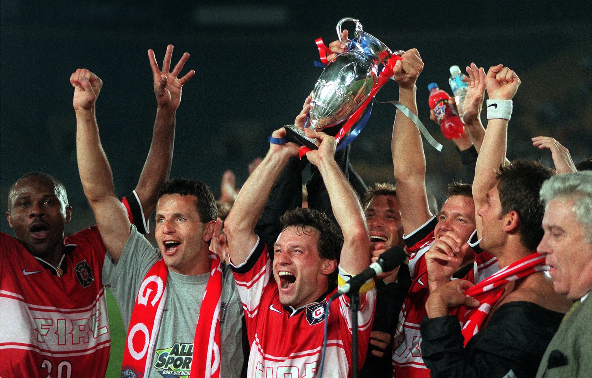 1998 Chicago Fire FC Western Conference trophy lift