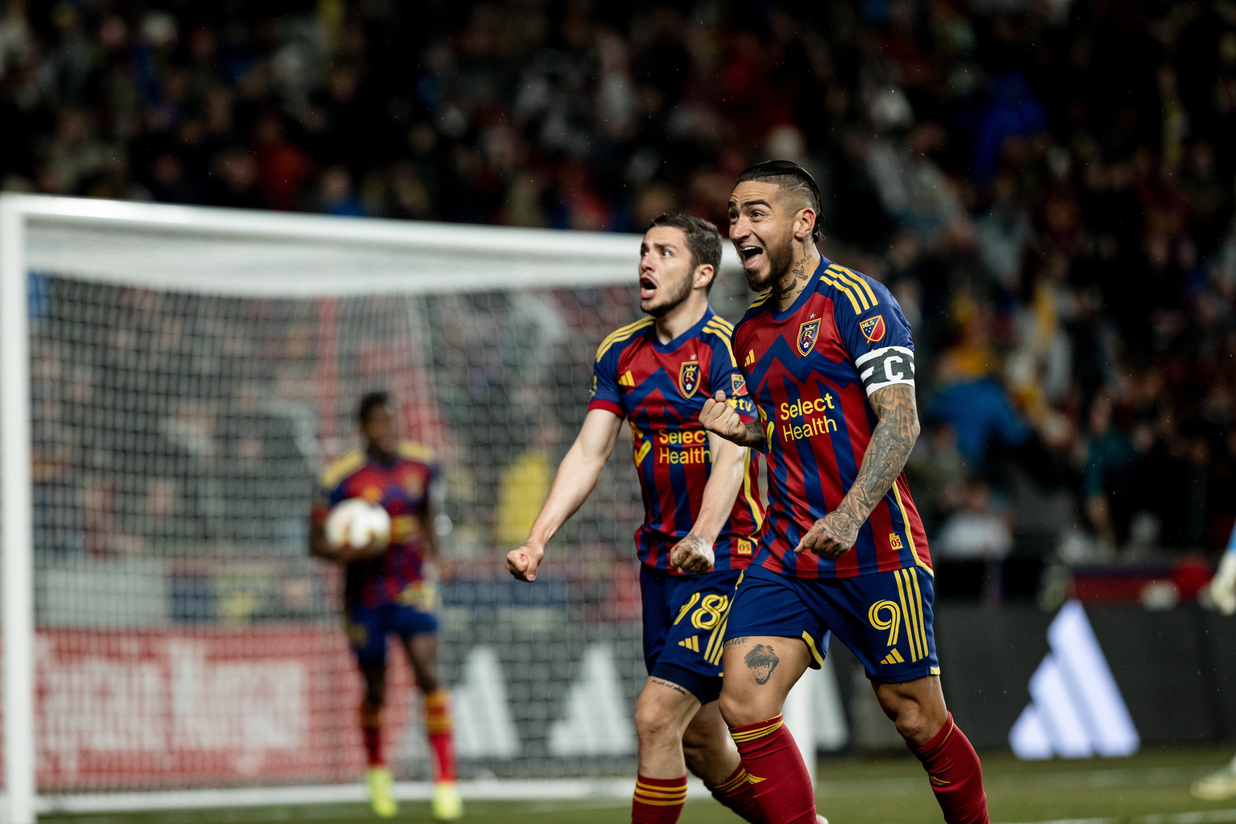 Real Salt Lake player Chicho Arango celebrates scoring a goal during a soccer game