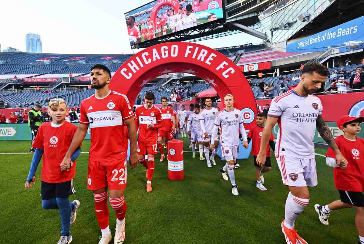 May 29, 2024; Chicago, Illinois, USA; Chicago Fire FC defender Mauricio Pineda (22) takes the field ahead of his soccer match against Orlando City at Soldier Field.