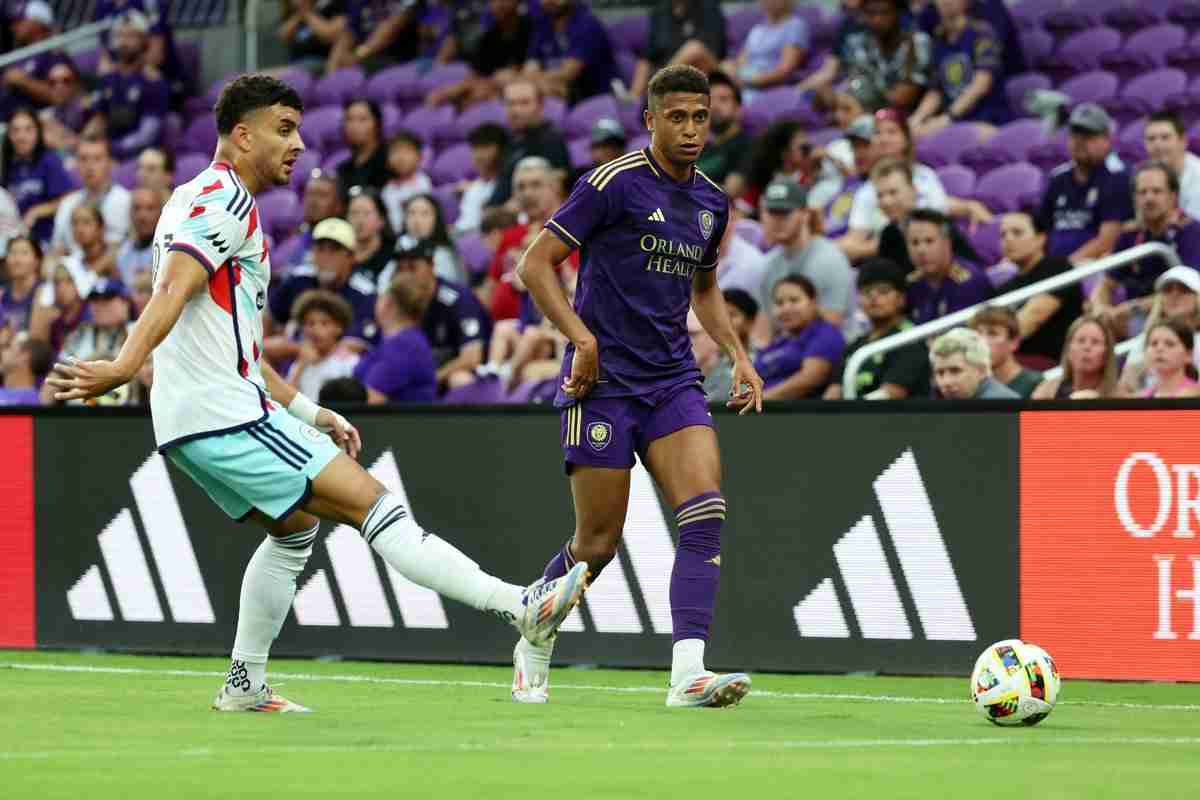 Jun 22, 2024; Orlando, Florida, USA; Orlando City defender Rafael Santos (3) and Chicago Fire FC defender Allan Arigoni (27) defend the ball during the first half at Inter&Co Stadium. 