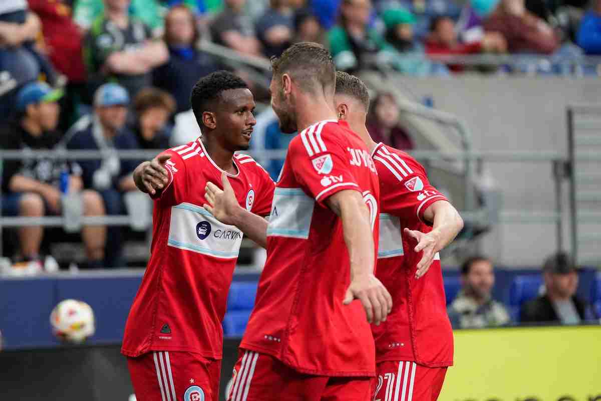 Jun 29, 2024; Seattle, Washington, USA; Chicago Fire FC midfielder Maren Haile-Selassie (7) celebrates with teammates after scoring a goal against Seattle Sounders FC during the first half at Lumen Field. Mandatory Credit: Stephen Brashear-USA TODAY Sports