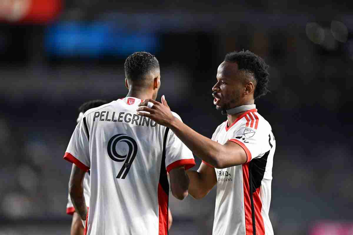 May 31, 2024; Bronx, New York, USA; San Jose Earthquakes forward Amahl Pellegrino (9) celebrates a goa with forward Jeremy Ebobisse (11) in the second half against the New York City FC at Yankee Stadium.