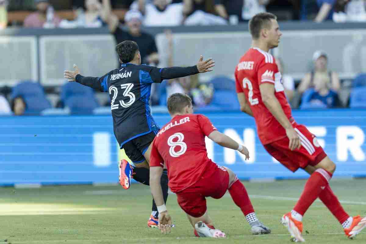 Fire players Chris Mueller and Arnaud Souquet look on as Hernan for San Jose celebrates scoring