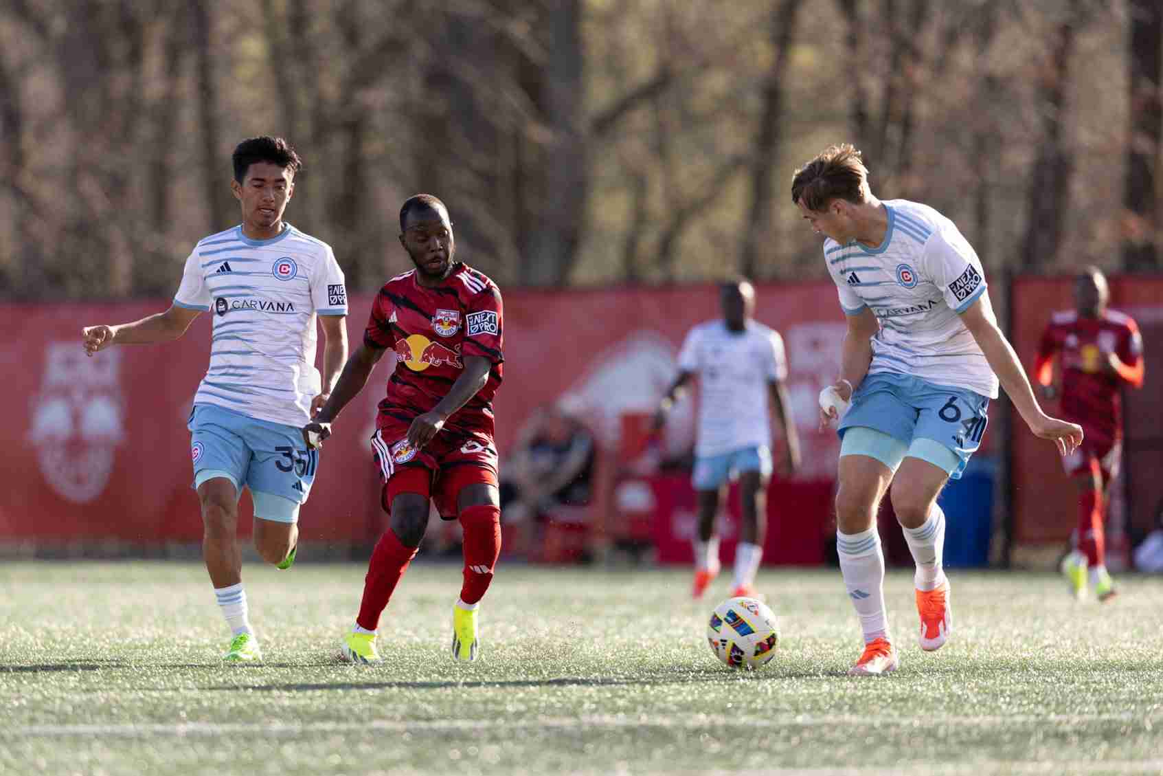 Chicago Fire II vs Red Bull palyers play a soccer game