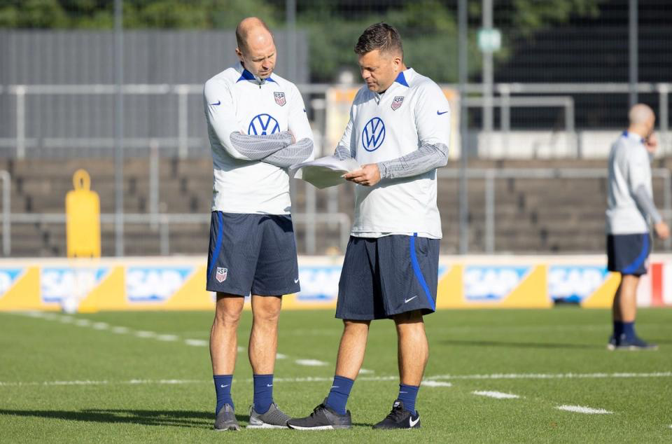 Gregg Berhalter and B.J. Callaghan on a training pitch while with the U.S. Men's National Team USMNT
