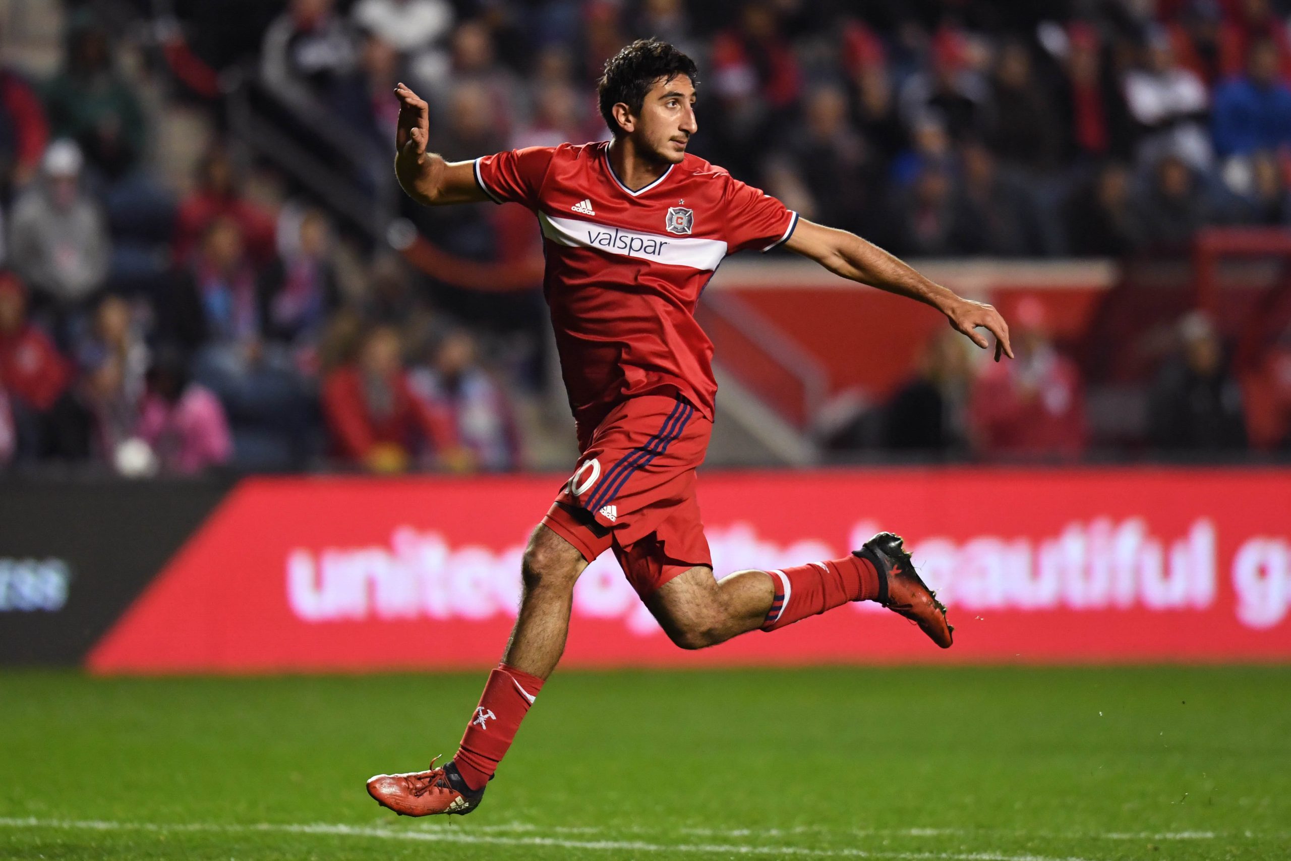 Oct 25, 2017; Chicago, IL, USA; Chicago Fire forward David Arshakyan (10) in action against the New York Red Bulls during an Eastern Conference knockout round soccer game at Toyota Park. Red Bulls won 4-0. Mandatory Credit: Patrick Gorski-USA TODAY Sports