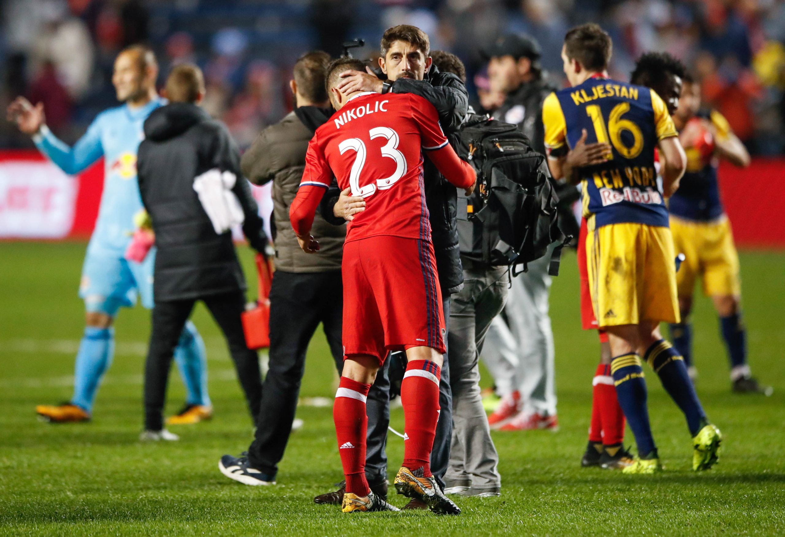 Oct 25, 2017; Chicago, IL, USA; Chicago Fire forward Nemanja Nikolic (23) and Chicago Fire head coach Velijko Paunovic react after the game against the New York Red Bulls at Toyota Park. Mandatory Credit: Kamil Krzaczynski-USA TODAY Sports