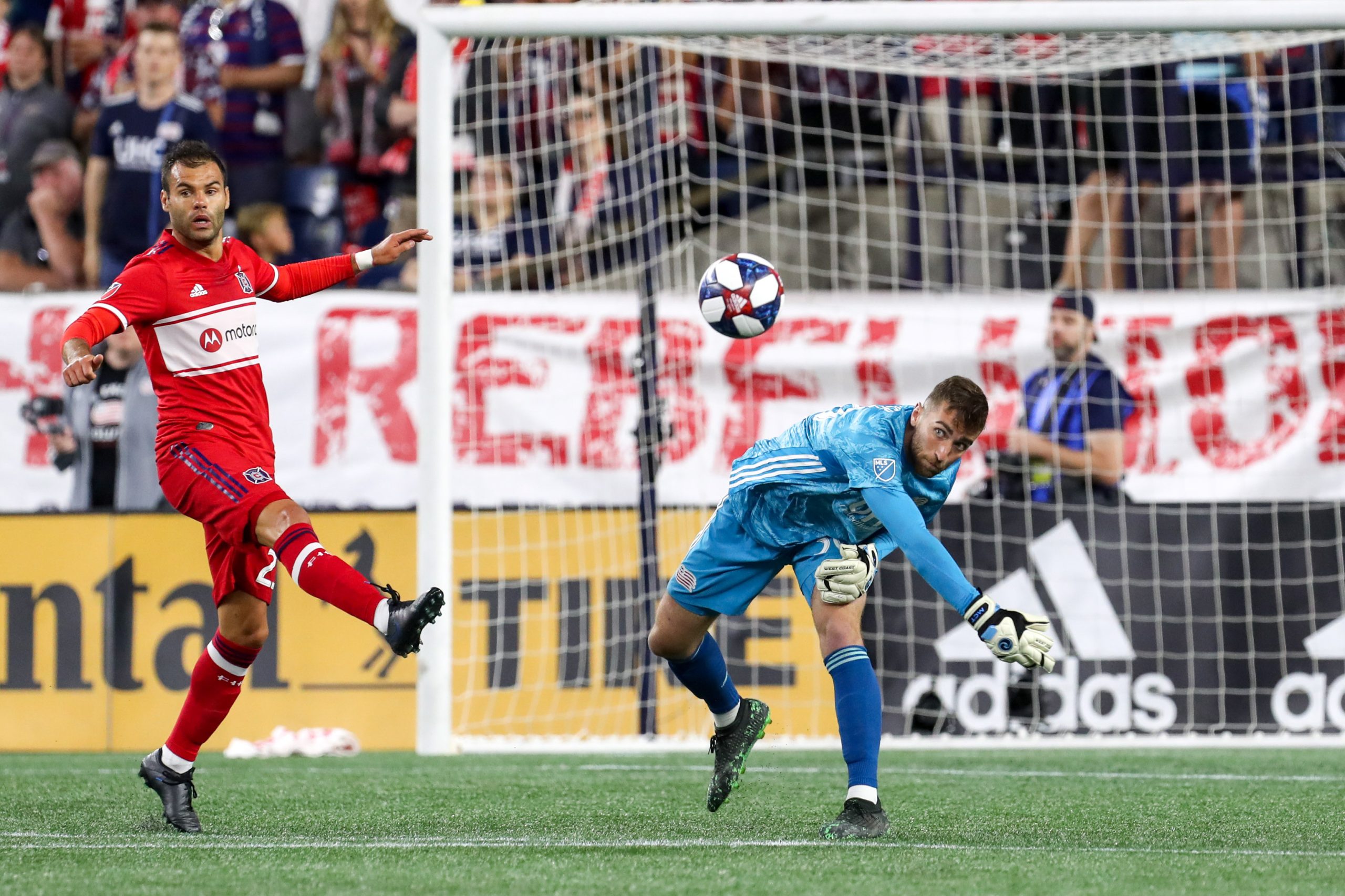 Aug 24, 2019; Foxborough, MA, USA; New England Revolution goalkeeper Matt Turner (30) throws the ball into play against the Chicago Fire at Gillette Stadium.