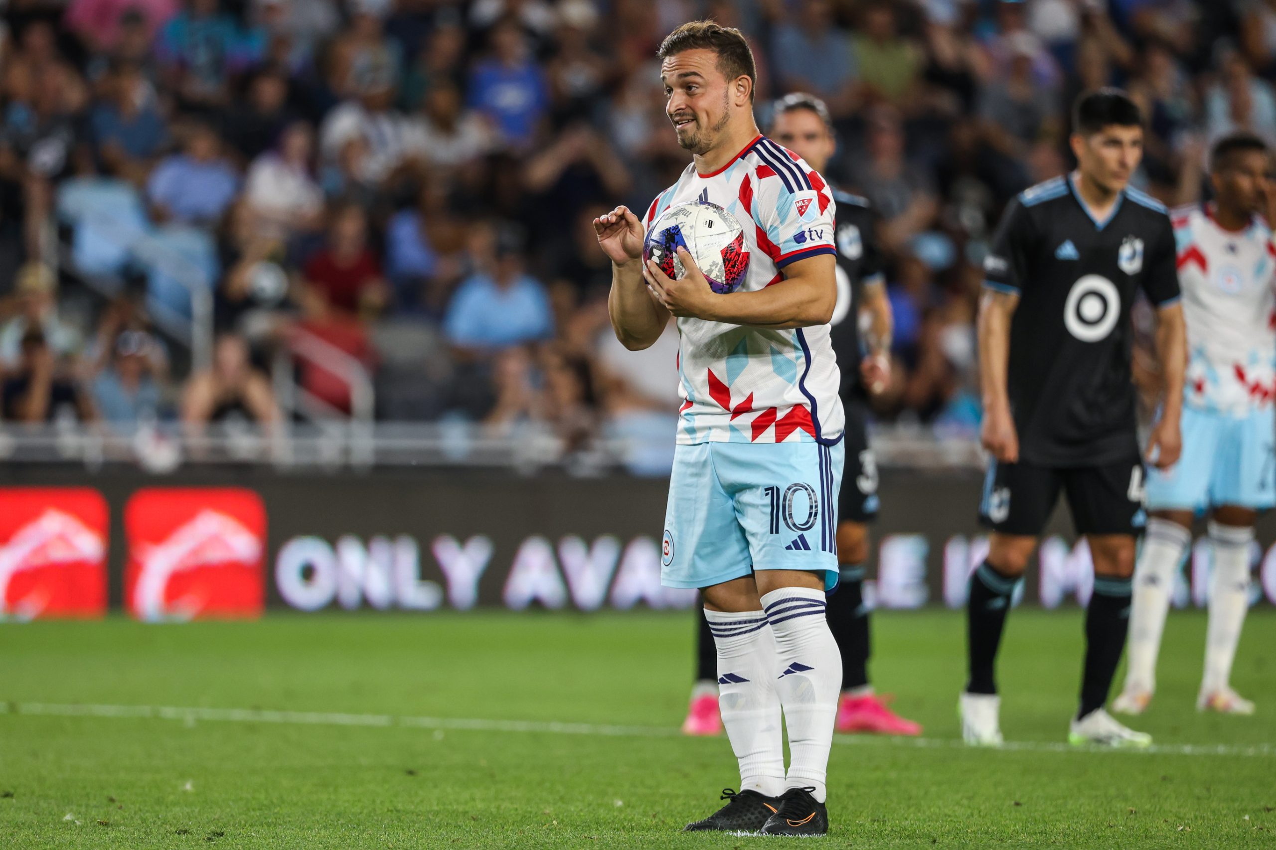 Jul 27, 2023; Saint Paul, MN, USA; Chicago Fire midfielder Xherdan Shaqiri (10) sets up for a penalty kick against the Minnesota United during the second half at Allianz Field. 