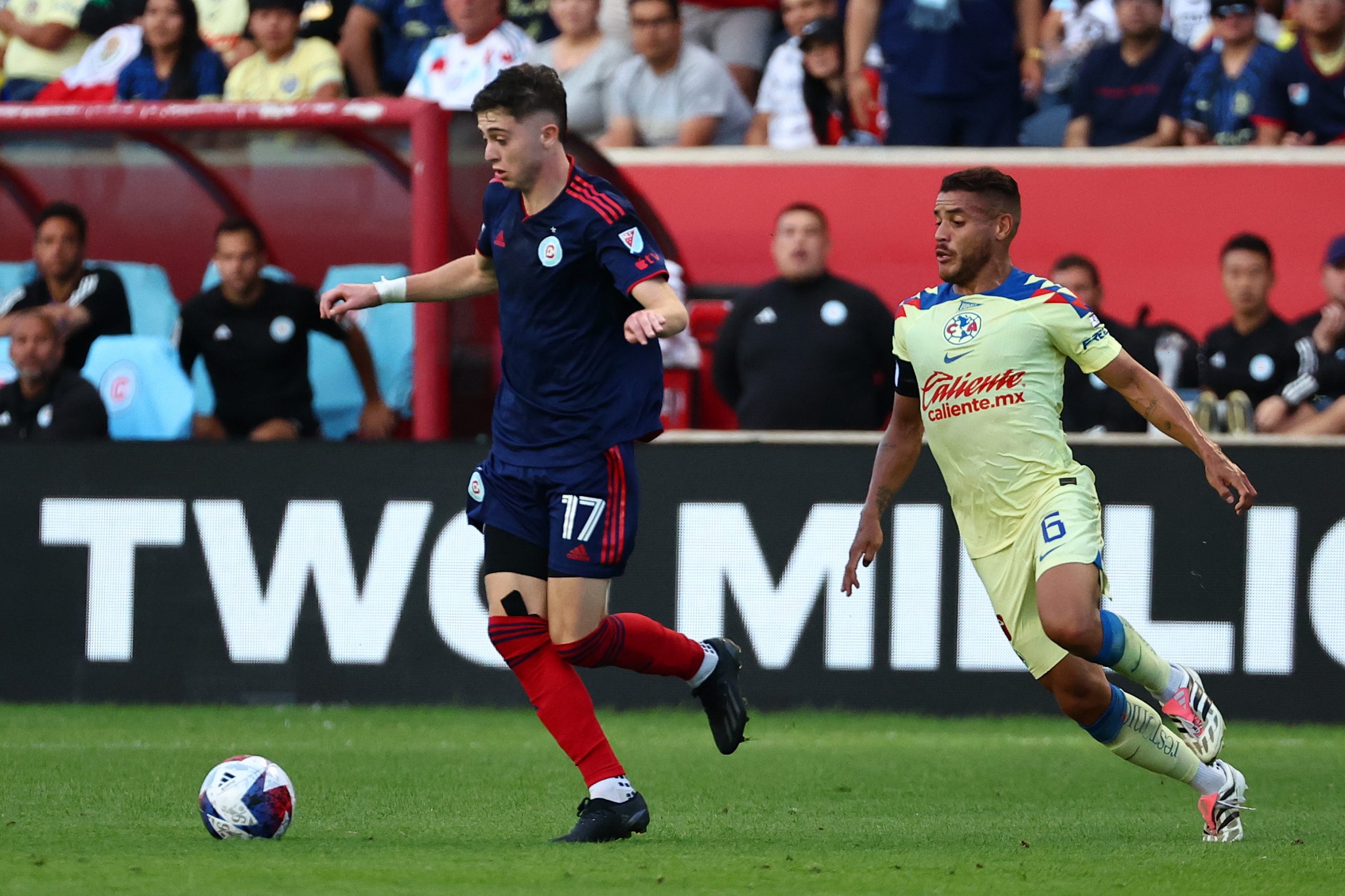 Aug 4, 2023; Bridgeview, IL, USA; Chicago Fire midfielder Brian Gutierrez (17) kicks the ball against the Chicago Fire during the first half at SeatGeek Stadium. Mandatory Credit: Mike Dinovo-USA TODAY Sports