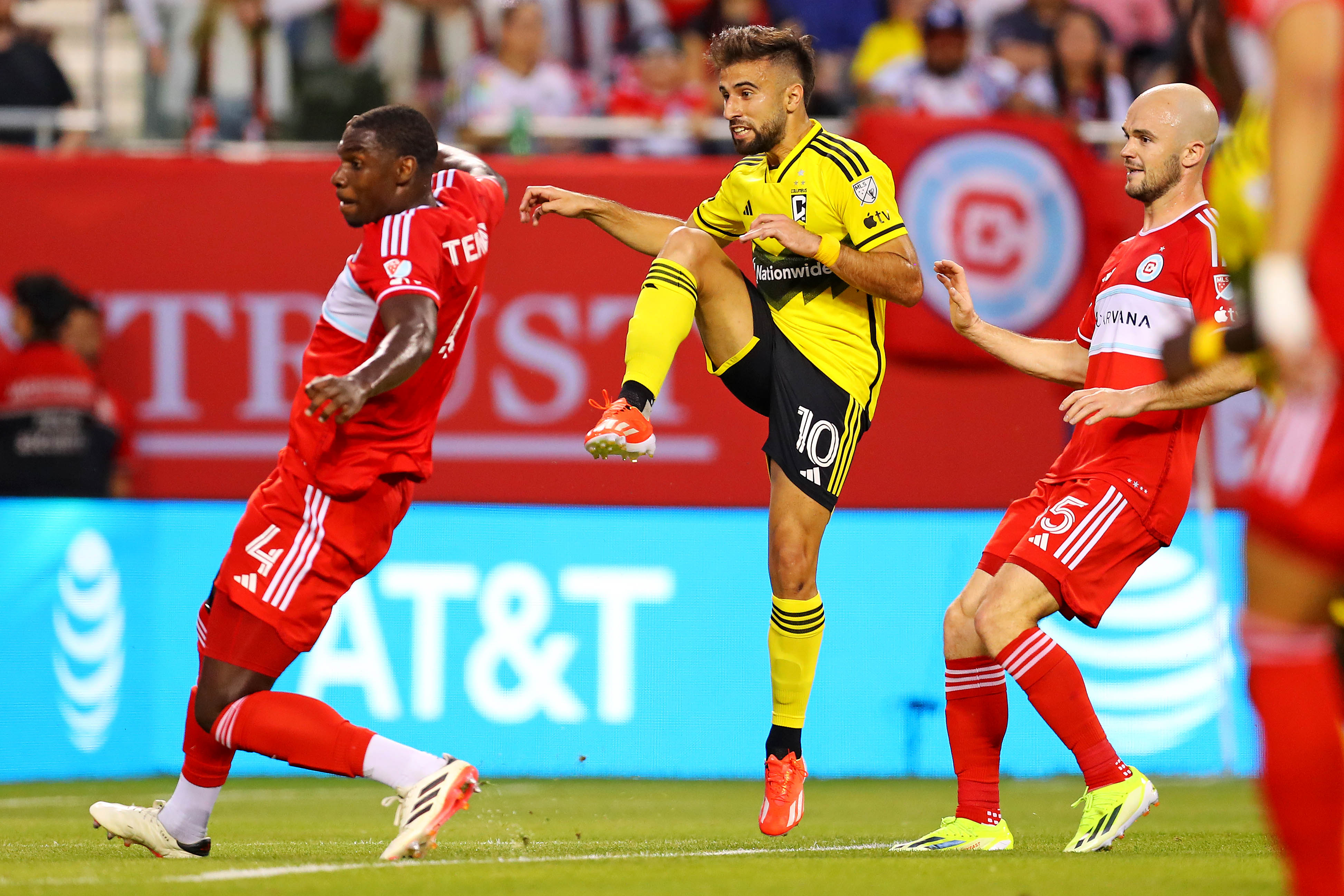 May 18, 2024; Chicago, Illinois, USA; Columbus Crew forward Diego Rossi (10) watches his shot score during the first half against Chicago Fire FC at Soldier Field.