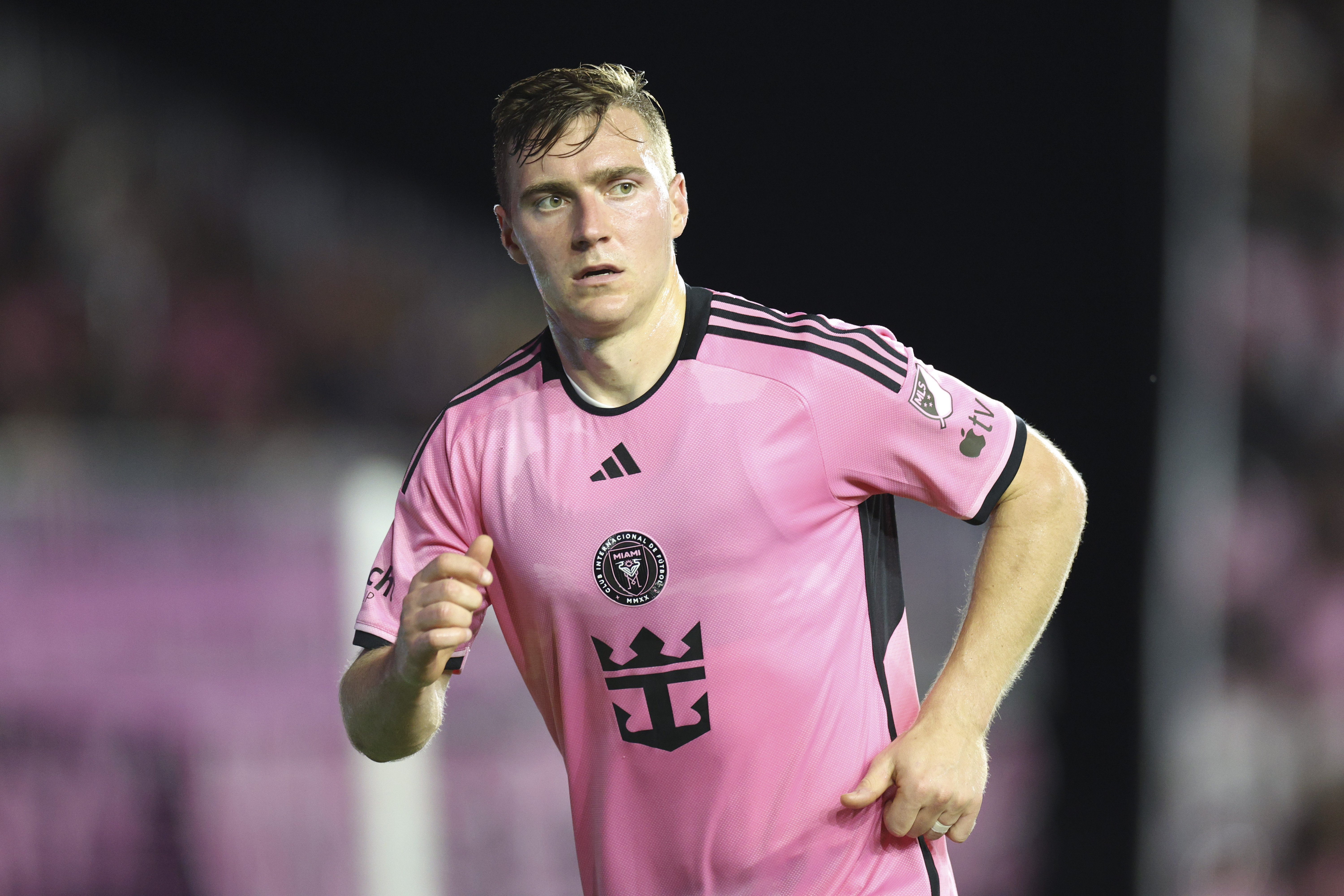 May 29, 2024; Fort Lauderdale, Florida, USA; Inter Miami CF midfielder Julian Gressel (24) runs on the field against Atlanta United during the second half at Chase Stadium. 