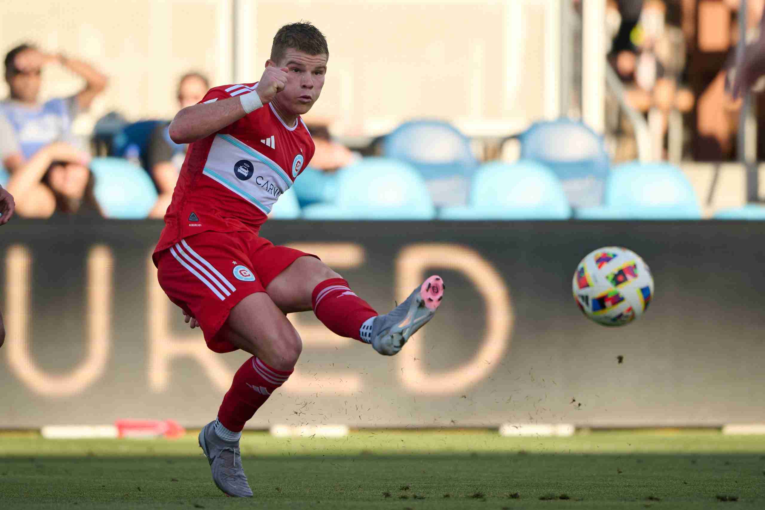 Jul 7, 2024; San Jose, California, USA; Chicago Fire FC forward Christopher Mueller (8) kicks the ball against the San Jose Earthquakes during the second half at PayPal Park.