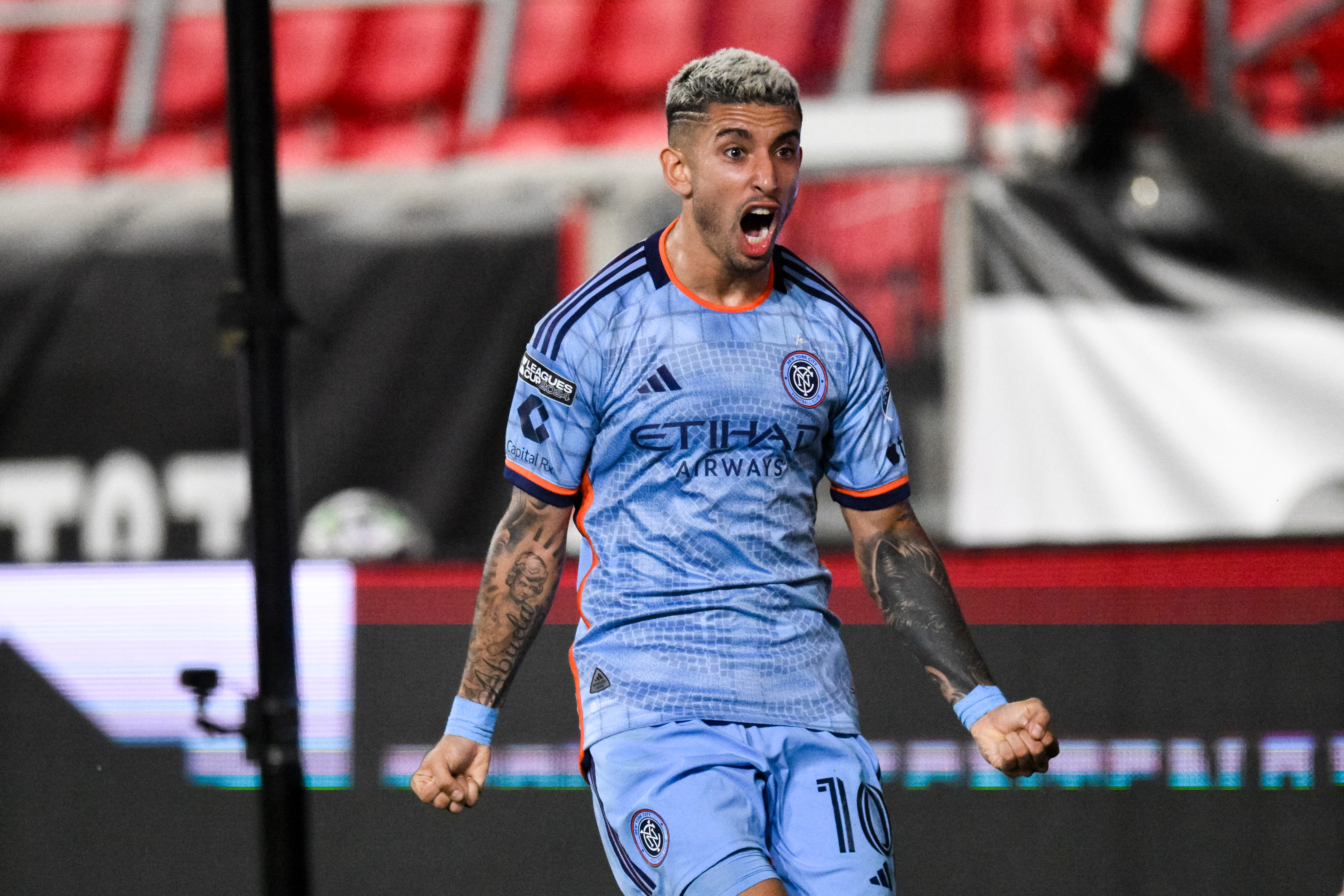 Aug 13, 2024; Harrison, New Jersey, USA; New York City forward Santiago Rodriguez (10) reacts after scoring a goal against Tigres UANL during the second half at Red Bull Arena.
