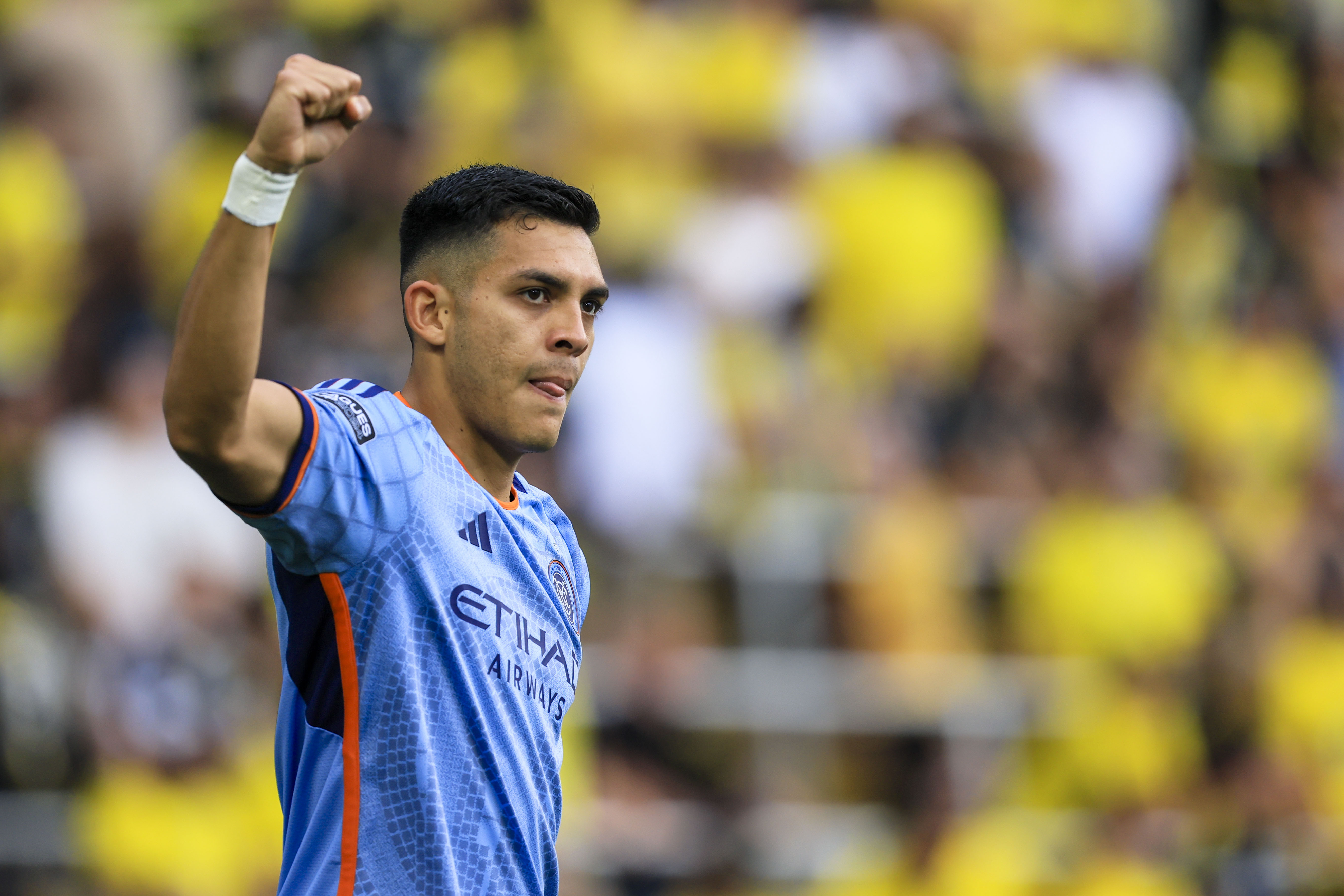 Aug 17, 2024; Columbus, Ohio, USA; New York City FC forward Alonso Martinez (16) reacts after scoring a goal against the Columbus Crew in the first half in a Leagues Cup quarterfinal match at Lower.com Field. Mandatory Credit