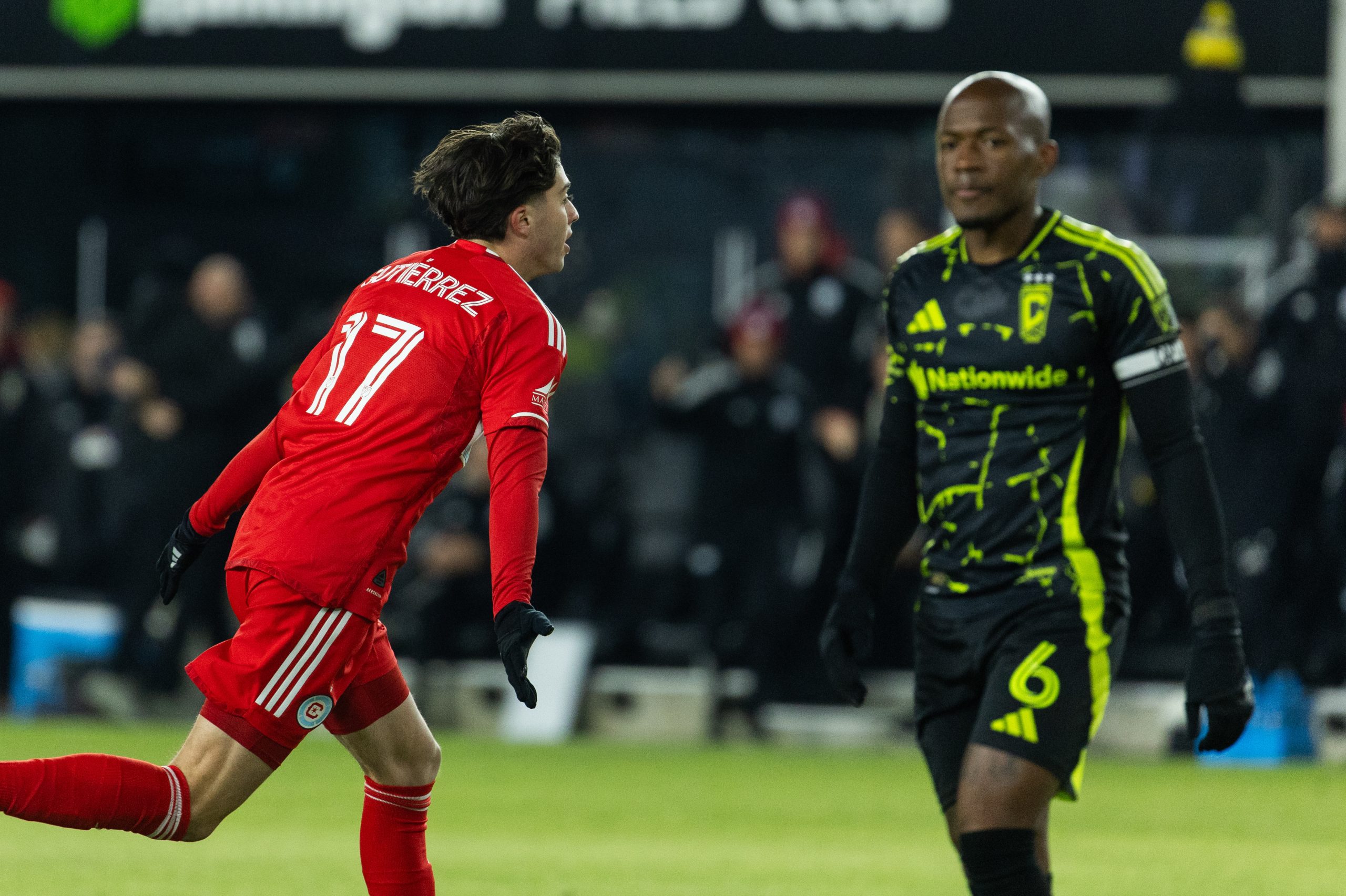Feb 22, 2025; Columbus, Ohio, USA; Chicago Fire FC midfielder Brian Gutierrez (17) celebrates his goal  in the first half against the Columbus Crew at Lower.com Field. Mandatory Credit: 