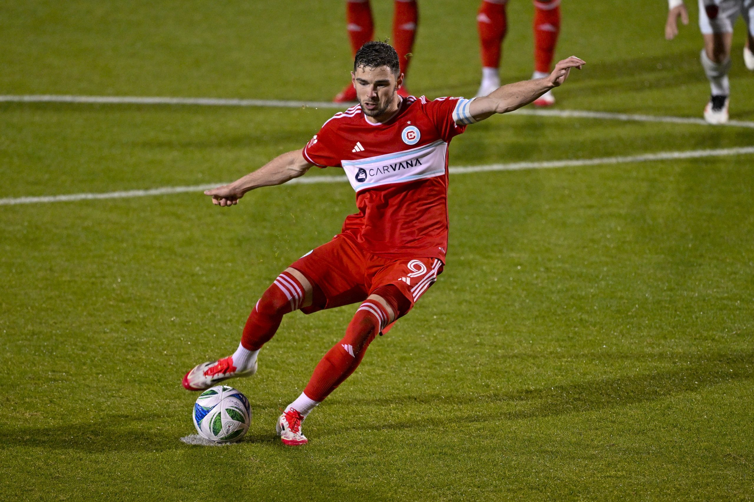 Mar 8, 2025; Frisco, Texas, USA; Chicago Fire forward Hugo Cuypers (9) scores a goal on a penalty kick against FC Dallas during the second half at Toyota Stadium. Mandatory Credit: Jerome Miron-Imagn Images