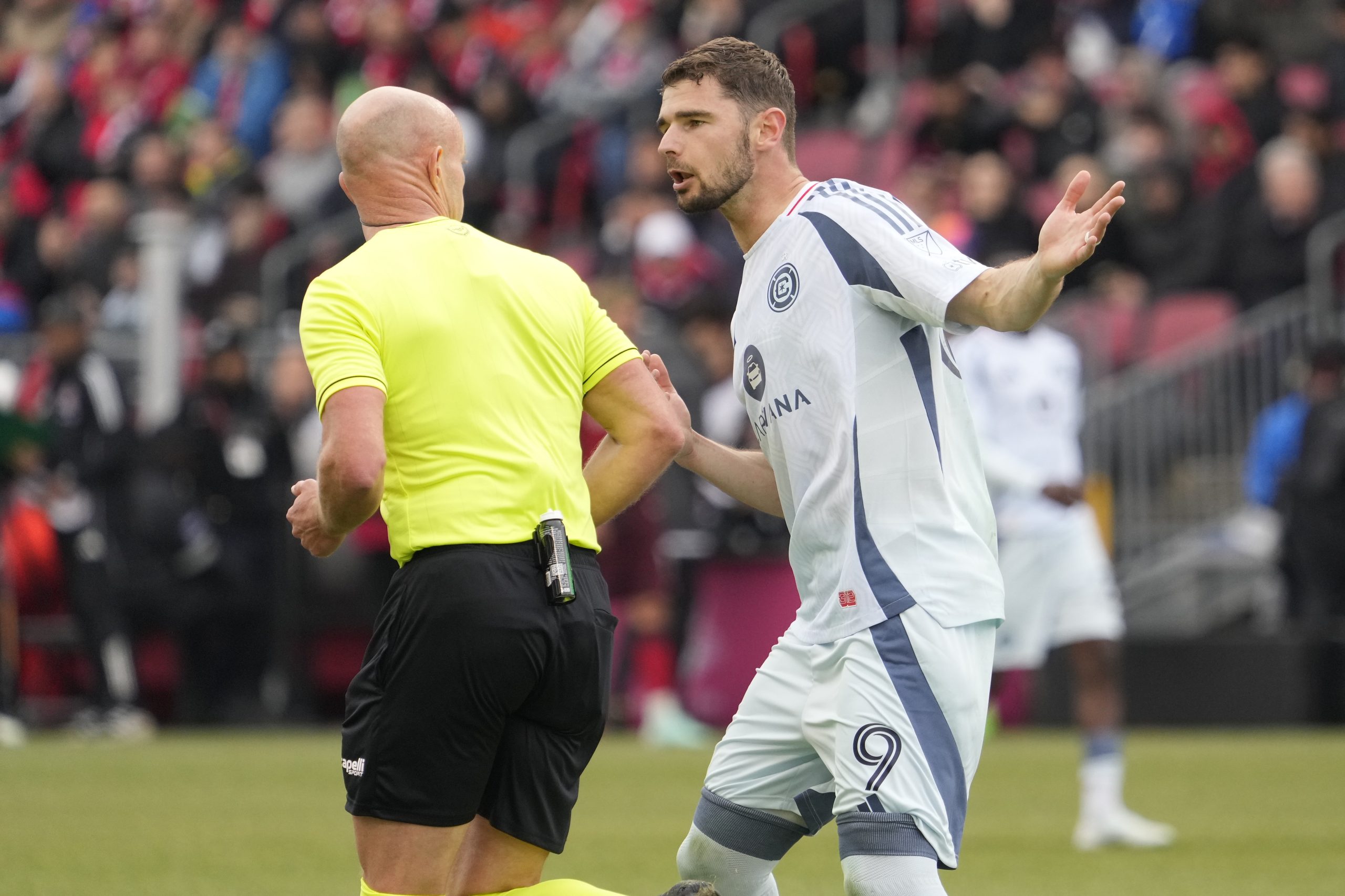 Mar 15, 2025; Toronto, Ontario, CAN; Chicago Fire forward Hugo Cuypers (9) questions the referee after his goal was disallowed during the second half against the Toronto FC at BMO Field. Mandatory Credit: