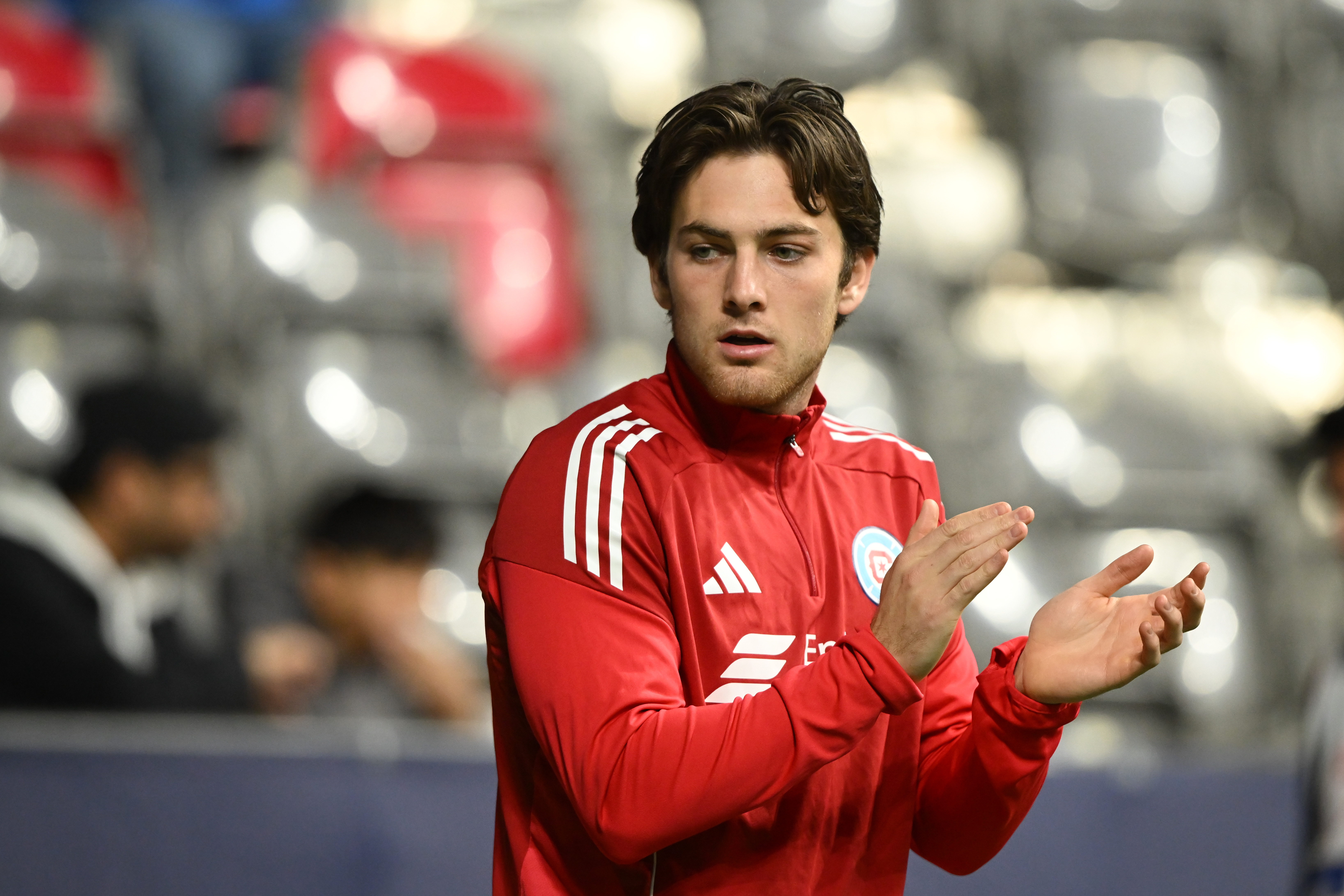 Mar 22, 2025; Vancouver, British Columbia, CAN; Chicago Fire FC midfielder Samuel Williams (47) warms up prior to the second half against the Vancouver Whitecaps FC at BC Place. Mandatory Credit: Anne-Marie Sorvin-Imagn Images
