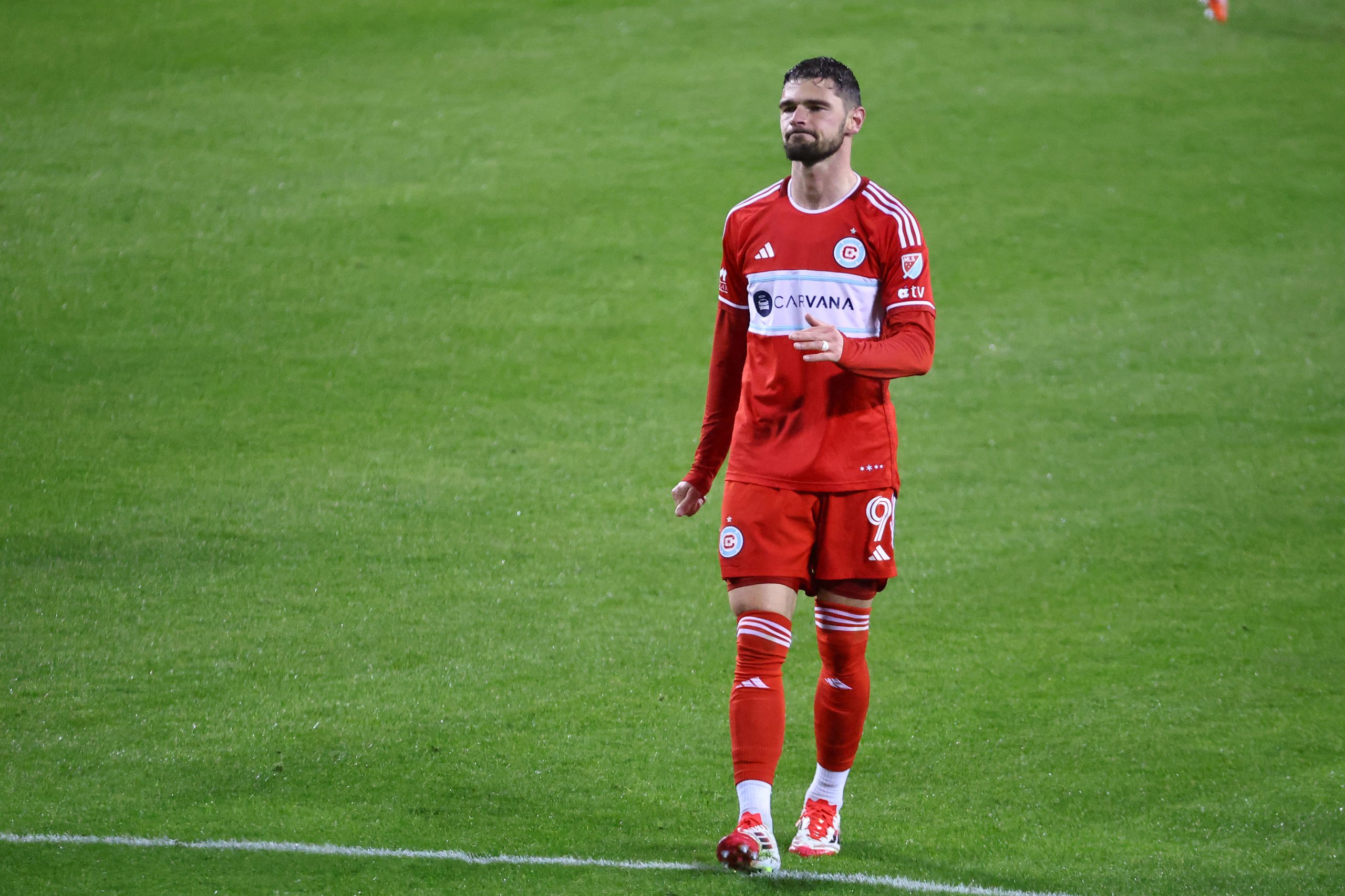 Mar 29, 2025; Chicago, Illinois, USA; Chicago Fire FC forward Hugo Cuypers (9) reacts after missing a shot against CF Montreal during the second half at Soldier Field. Mandatory Credit: Mike Dinovo-Imagn Images