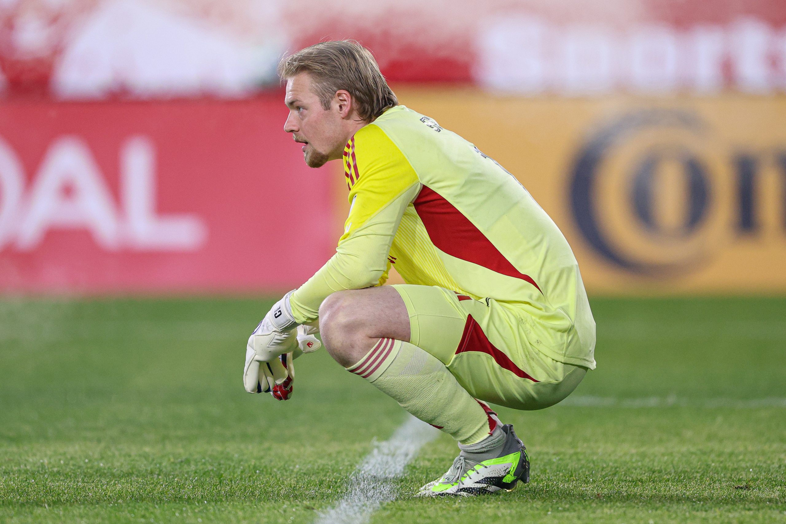 Apr 5, 2025; Harrison, New Jersey, USA; Chicago Fire FC goalkeeper Chris Brady (1) reacts after allowing  goal during the first half against against the New York Red Bulls at Sports Illustrated Stadium. Mandatory Credit: Vincent Carchietta-Imagn Images