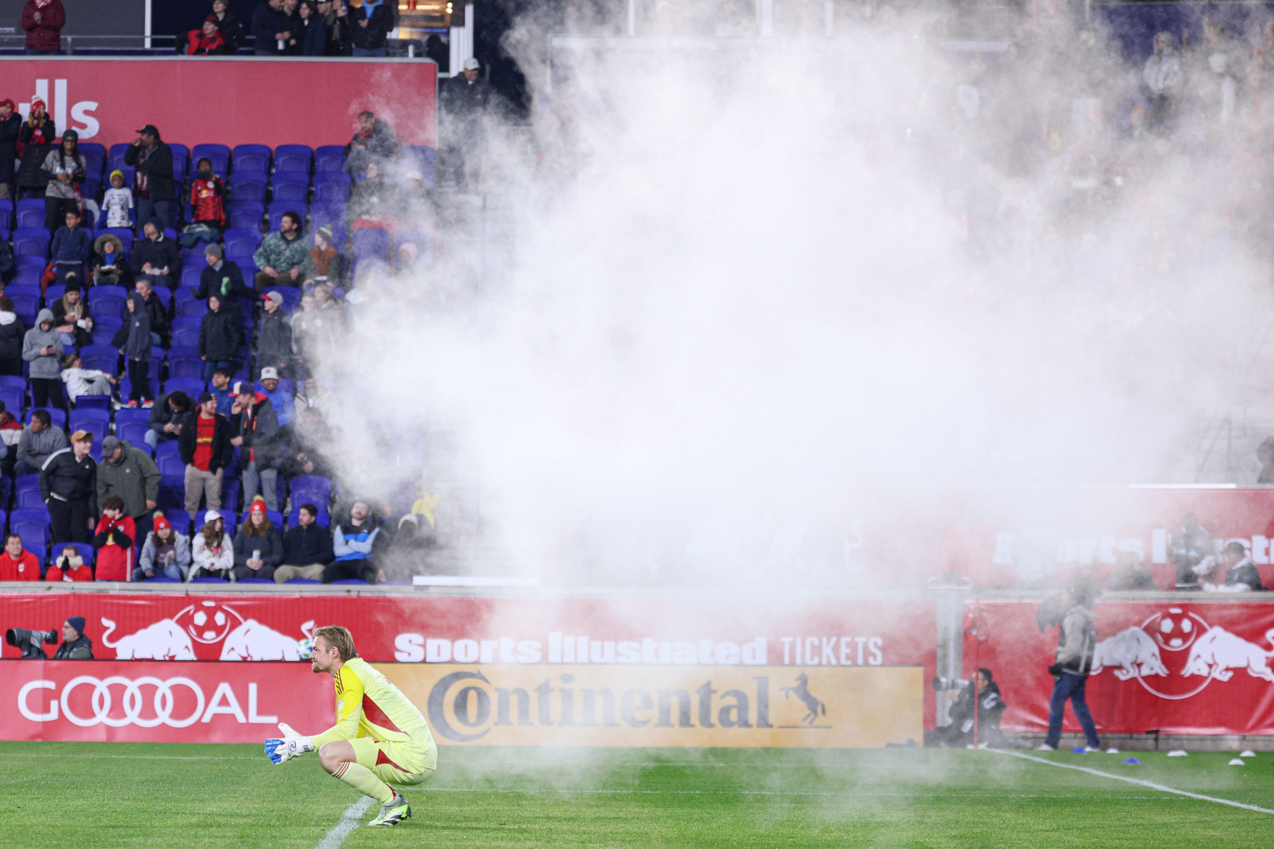 Apr 5, 2025; Harrison, New Jersey, USA; Chicago Fire FC goalkeeper Chris Brady (1) reacts after allowing goal during the first half against against the New York Red Bulls at Sports Illustrated Stadium. Mandatory Credit: Vincent Carchietta-Imagn Images