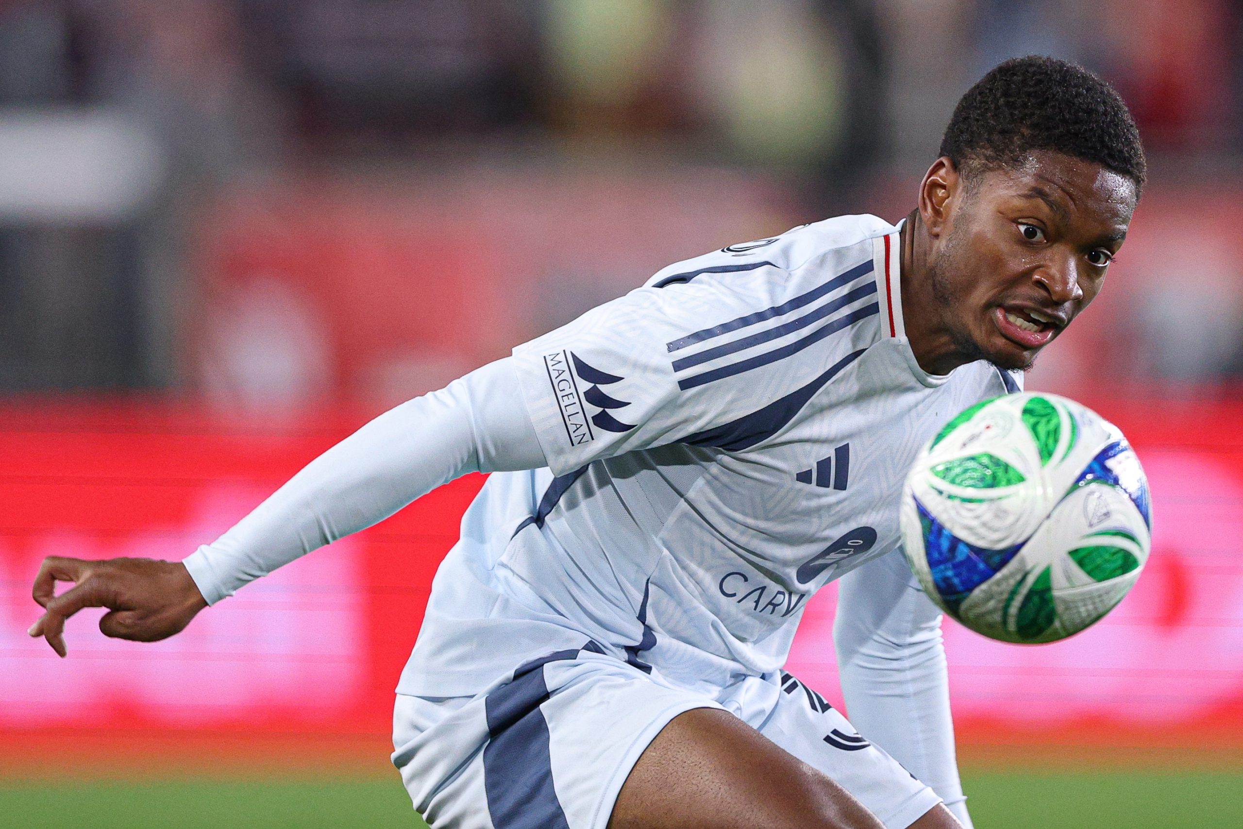 Apr 5, 2025; Harrison, New Jersey, USA; Chicago Fire FC defender Justin Reynolds (36) plays the ball during the second half against the New York Red Bulls at Sports Illustrated Stadium. Mandatory Credit: Vincent Carchietta-Imagn Images