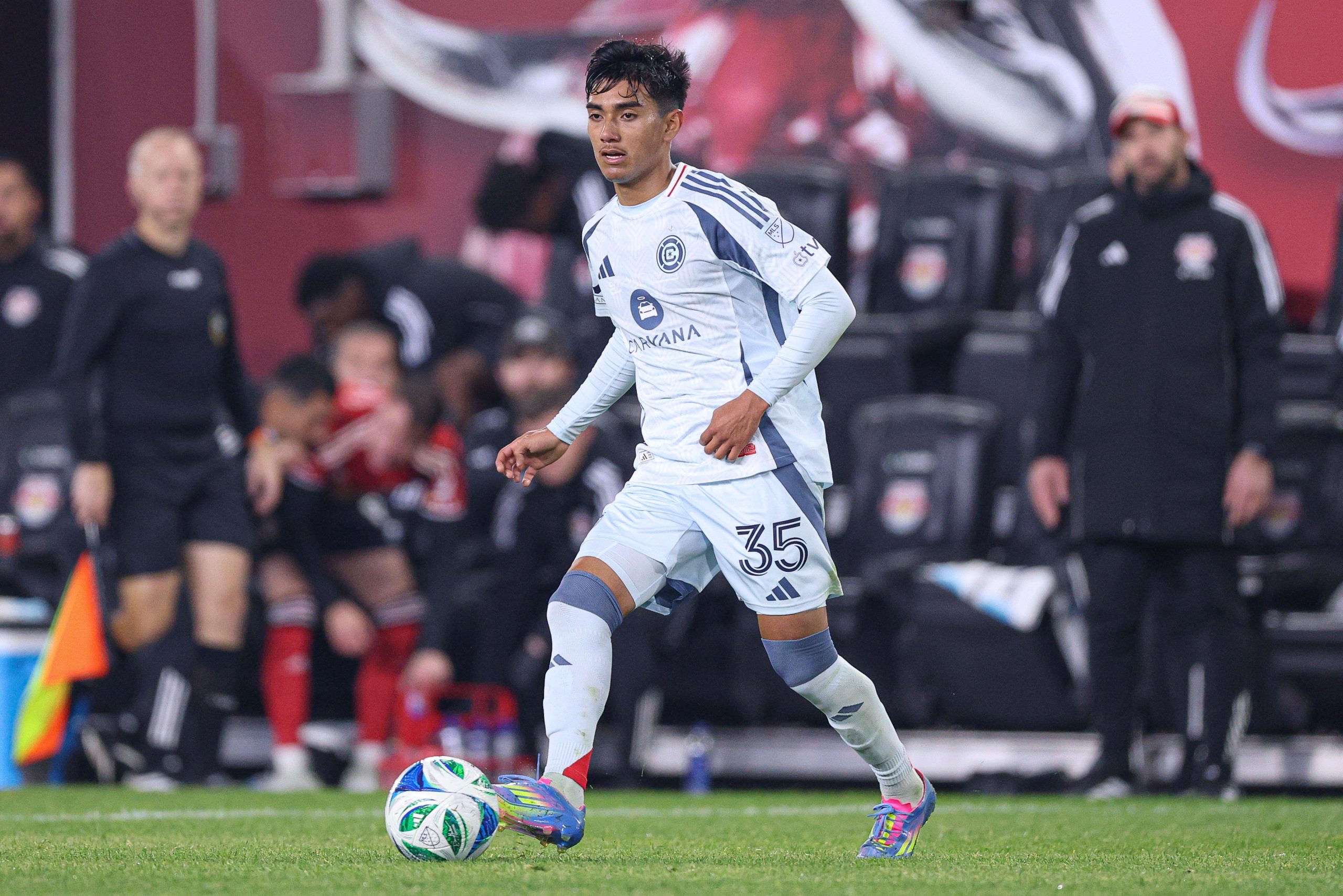 Apr 5, 2025; Harrison, New Jersey, USA; Chicago Fire FC midfielder Sergio Oregel (35) plays the ball during the second half against the New York Red Bulls at Sports Illustrated Stadium. Mandatory Credit: Vincent Carchietta-Imagn Images