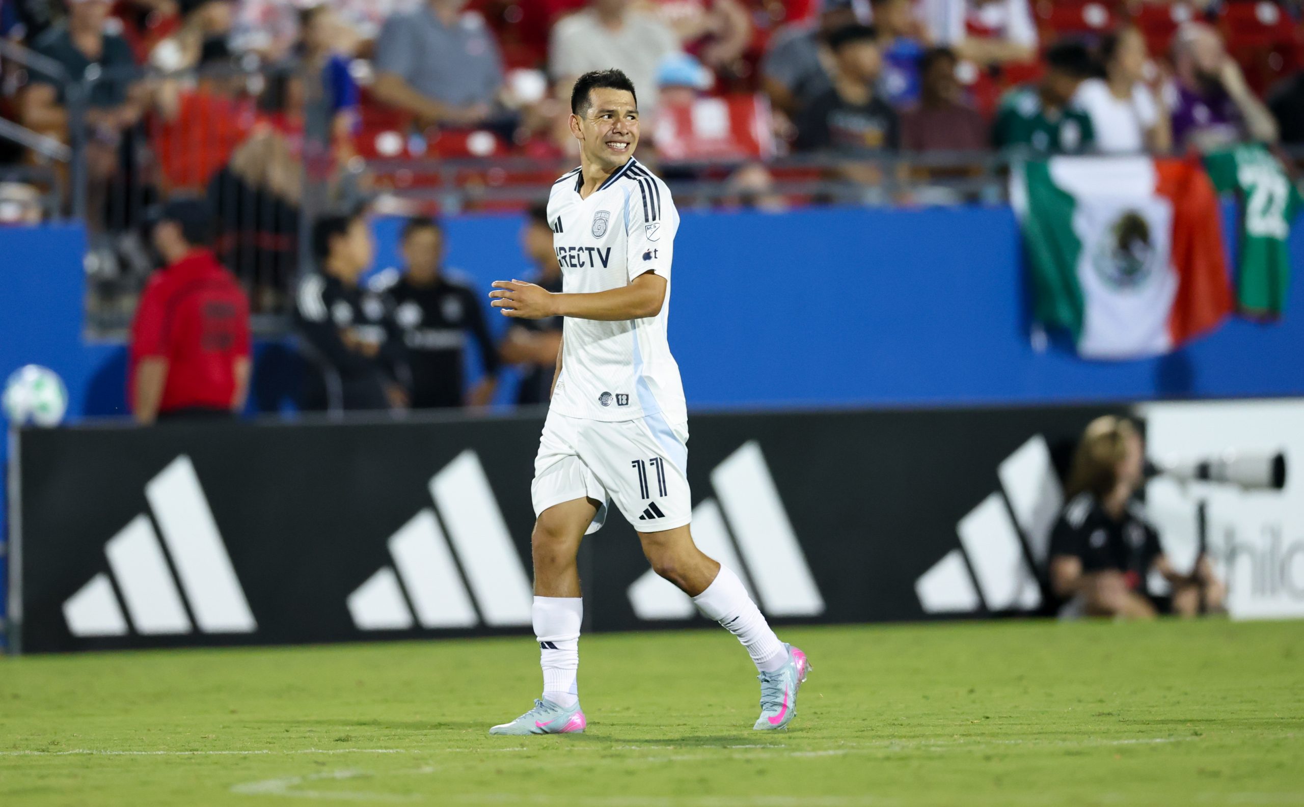 Jun 28, 2025; Frisco, Texas, USA; San Diego FC midfielder Hirving Lozano (11) celebrates after scoring a goal during the second half against FC Dallas at Toyota Stadium. 