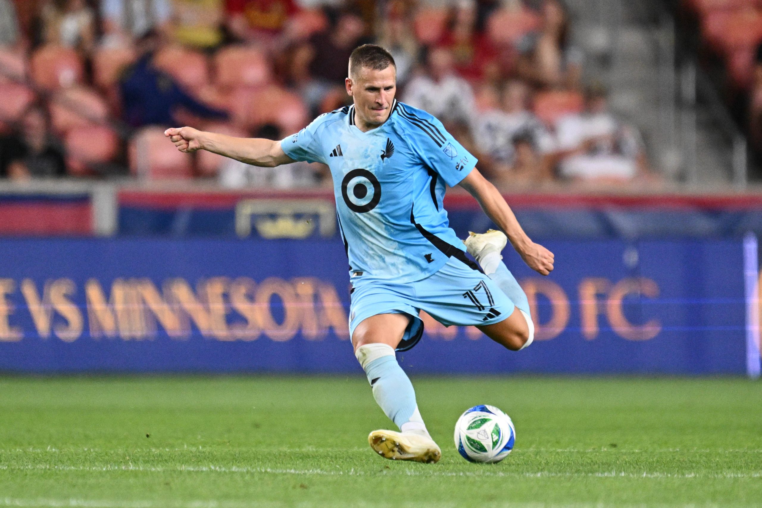 Aug 23, 2025; Sandy, Utah, USA; Minnesota United midfielder Robin Lod (17) controls the ball against Real Salt Lake United at America First Field. Mandatory Credit: Jamie Sabau-Imagn Images