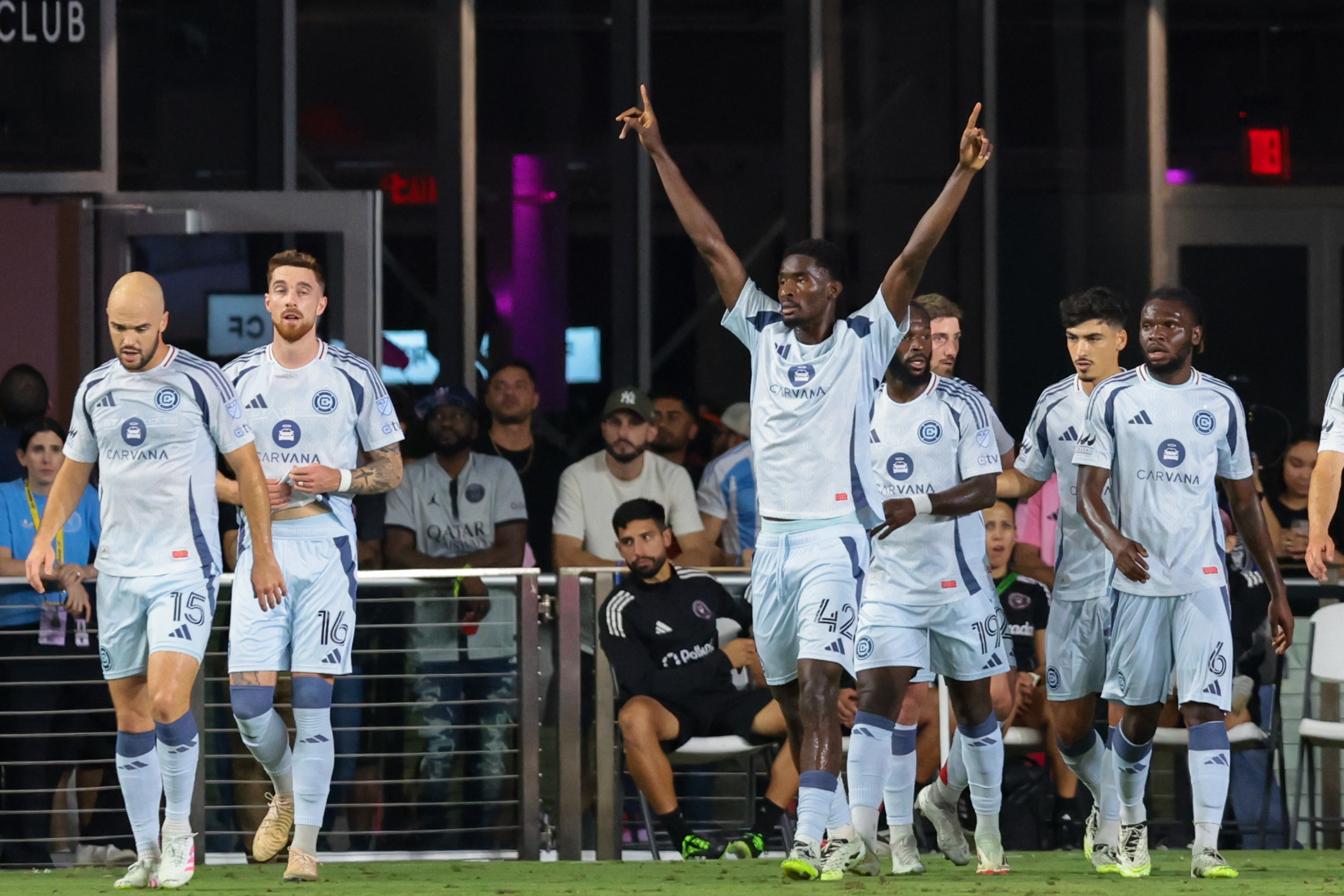 Sep 30, 2025; Fort Lauderdale, Florida, USA; Chicago Fire midfielder Dje d'Avilla (42) celebrates after scoring against Inter Miami CF during the first half at Chase Stadium. Mandatory Credit: Sam Navarro-Imagn Images