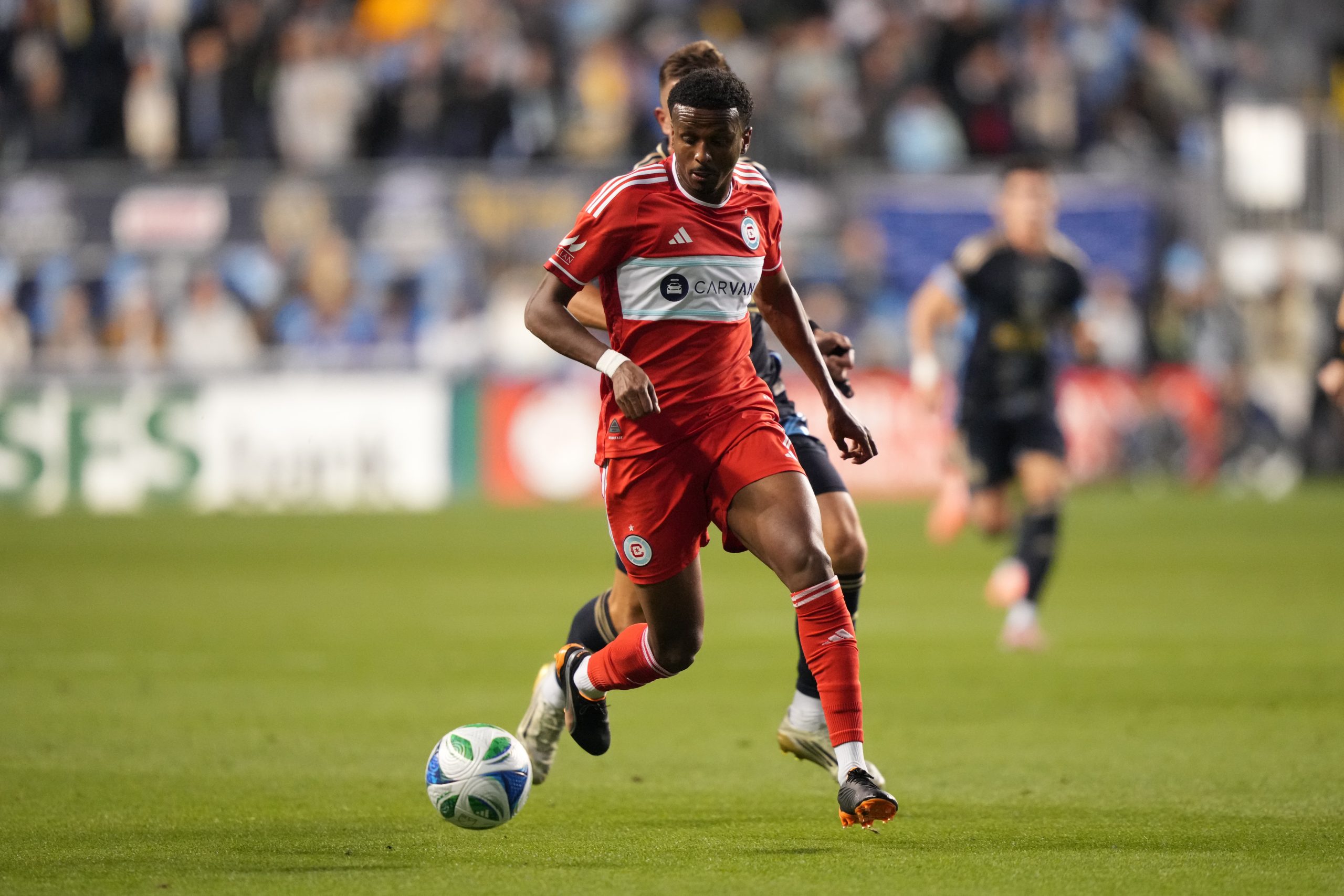 Oct 26, 2025; Chester, Pennsylvania, USA; Chicago Fire FC midfielder Maren Haile-Selassie (7) chases the ball against the Philadelphia Union in the first half at Subaru Park. Mandatory Credit: Kyle Ross-Imagn Images