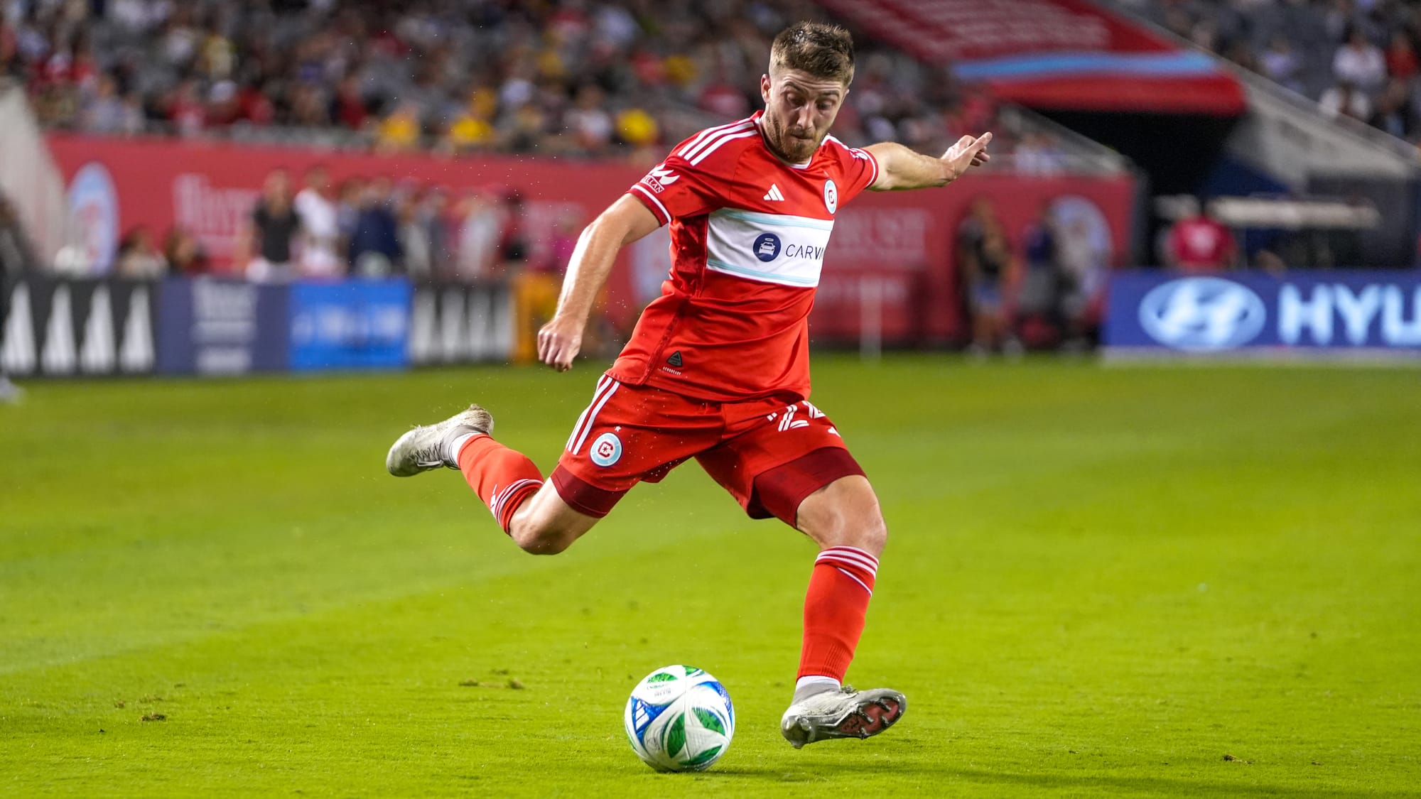 Jonathan Dean of the Chicago Fire crosses the ball against Columbus Crew in 2025. (photo: Barbara Calabrese)
