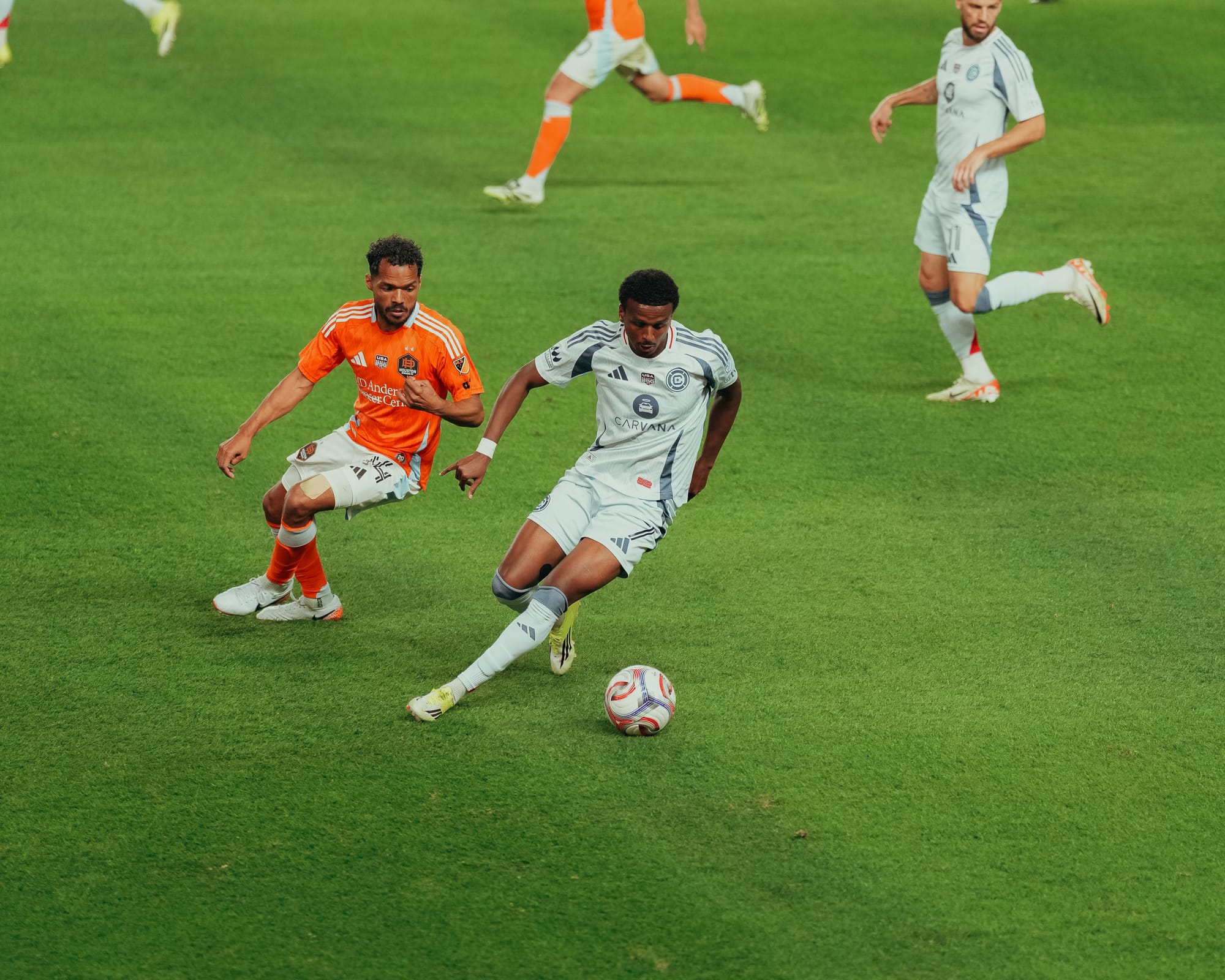 Maren Haile-Selassie of the Chicago Fire plays the ball at a soccer game at Shell Energy Stadium on February 21, 2022.