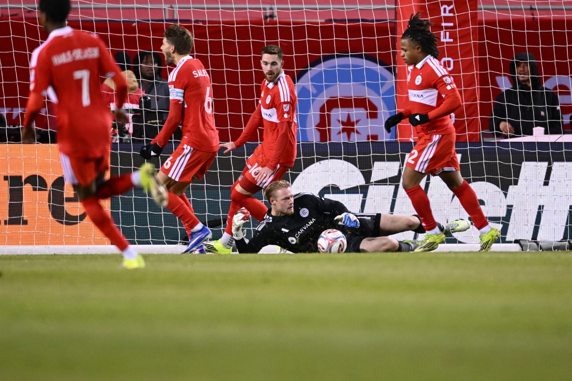 Chris Brady makes a save during a soccer game at Soldier Field