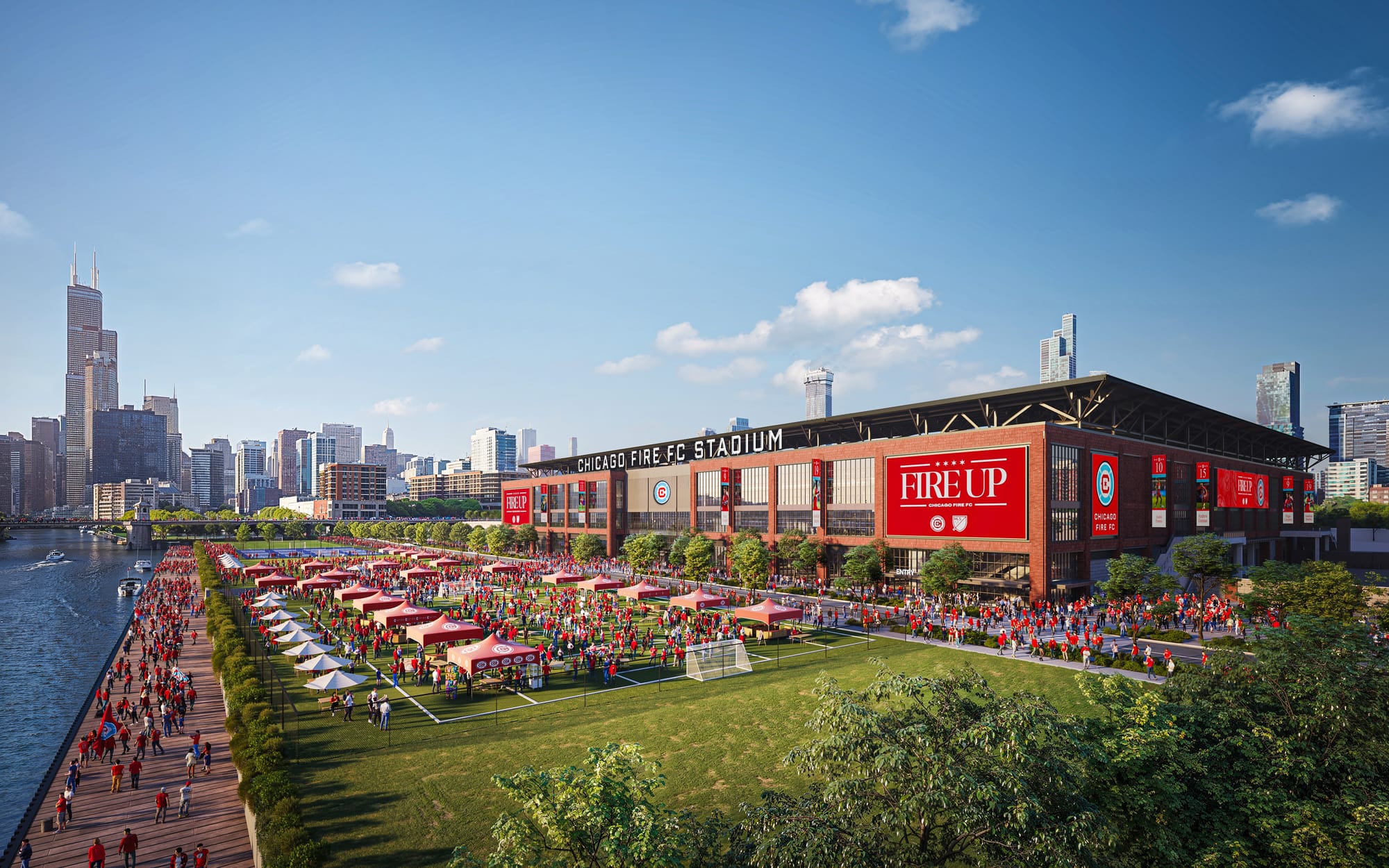 Photorealistic rendering of the Chicago Fire's new stadium now under construction at The 78 in the South Loop.