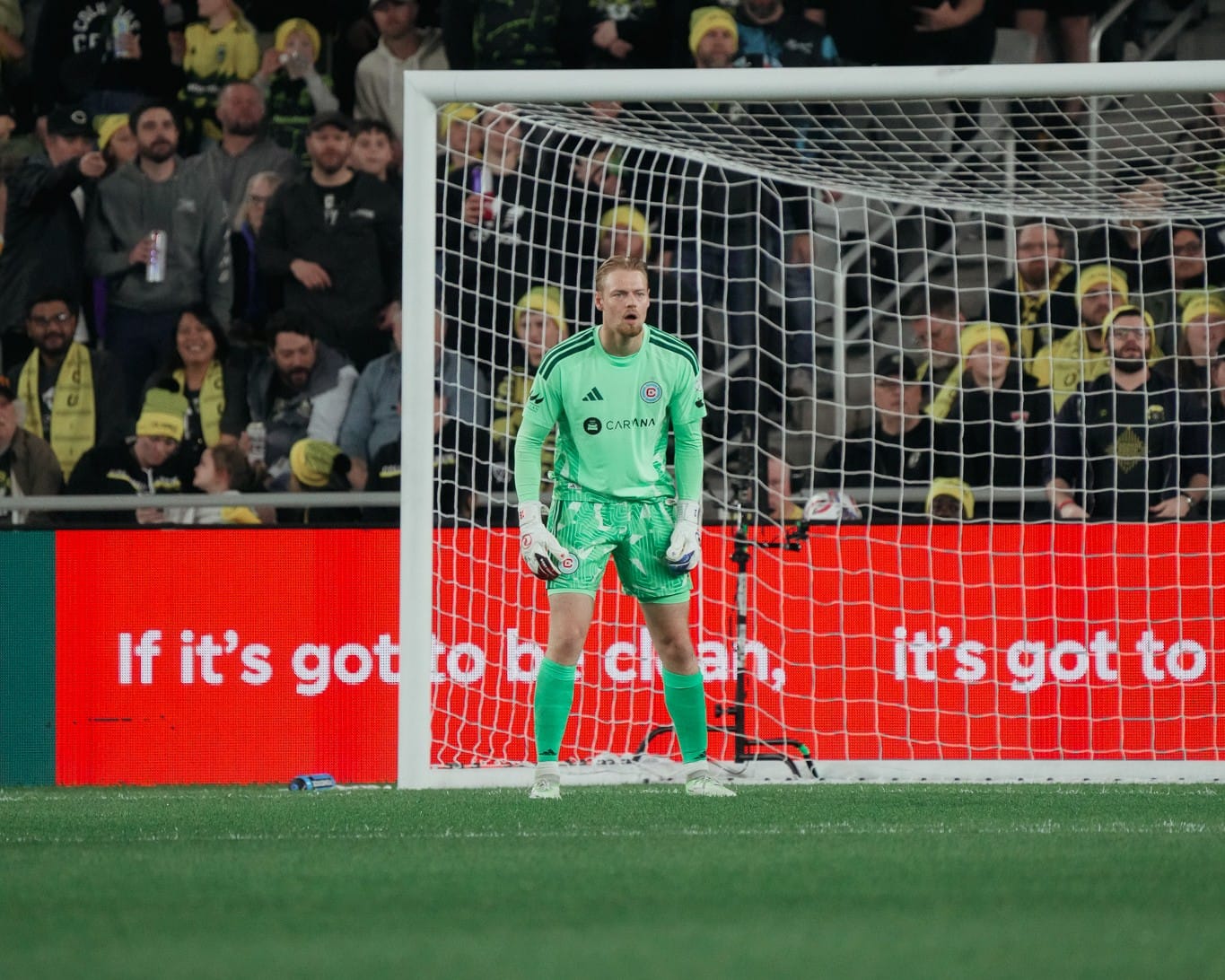 Goalkeeper Chris Brady in net for the Chicago Fire against the Columbus Crew at Scotts Miracle-Gro Field.