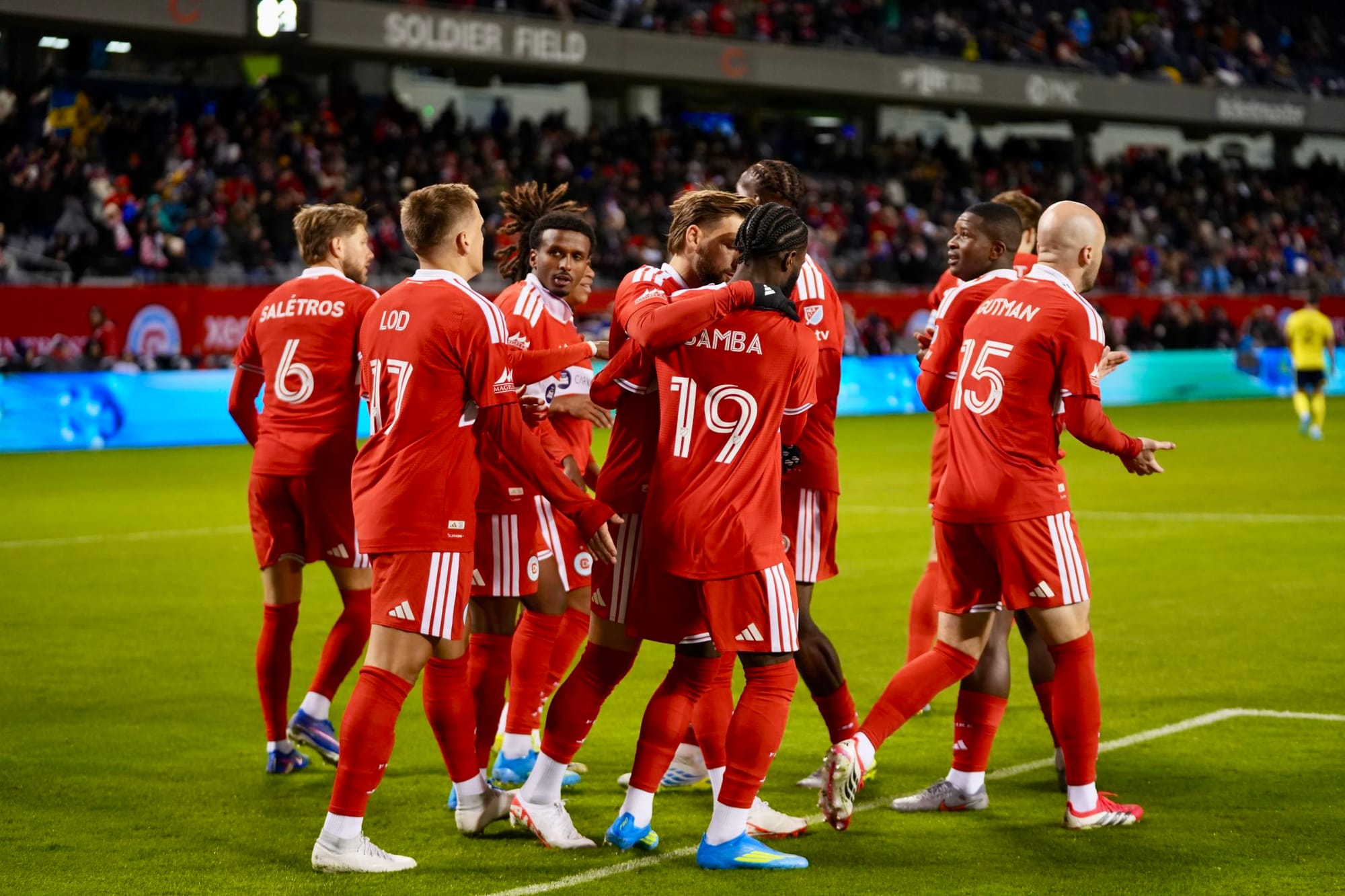 Chicago Fire players celebrate a goal
