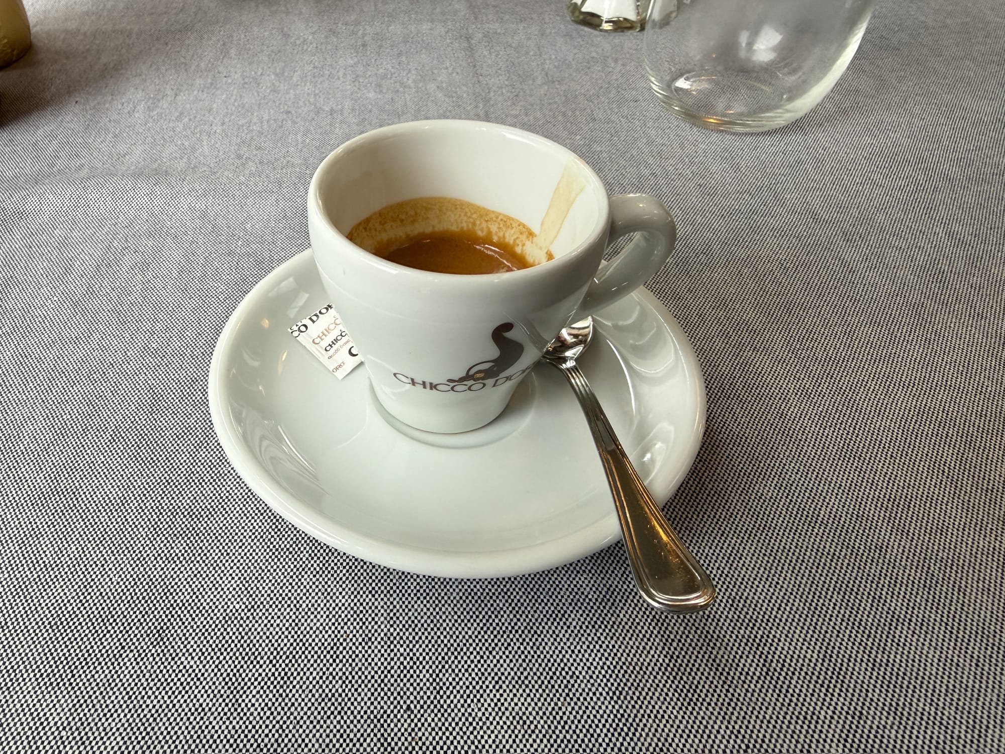 A cup of espresso at the FC Lugano club restaurant in Lugano, Switzerland.