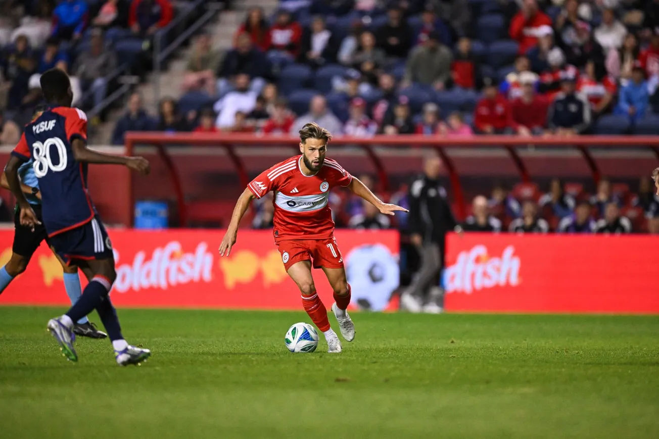 Chicago Fire FC player Philip Zinckernagel attacks against the New England Revolution no 80 at SeatGeek Stadium in Bridgeview