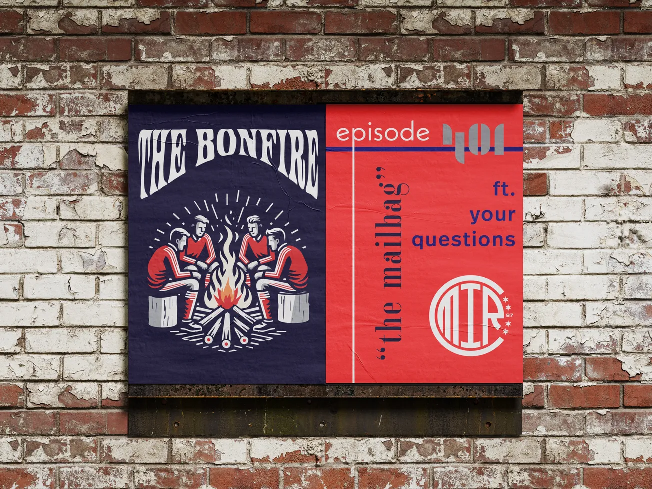 Graphic of posters on a brick wall for The Bonfire episode 