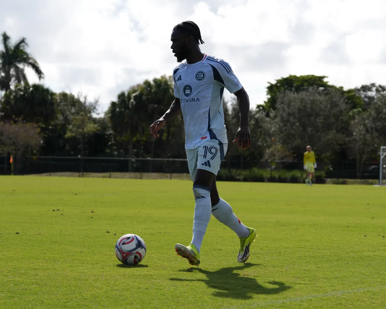 Jonathan Bamba plays the ball for the Fire during a preseason match against Sporting Kansas City on January 24, 2026