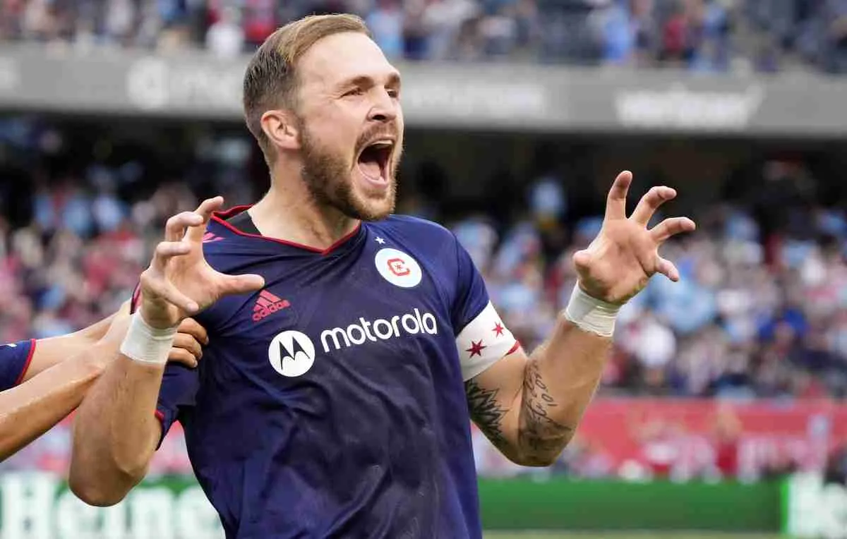 Jul 16, 2022; Chicago, Illinois, USA; Chicago Fire defender Rafael Czichos (5) reacts after scoring a goal against the Seattl