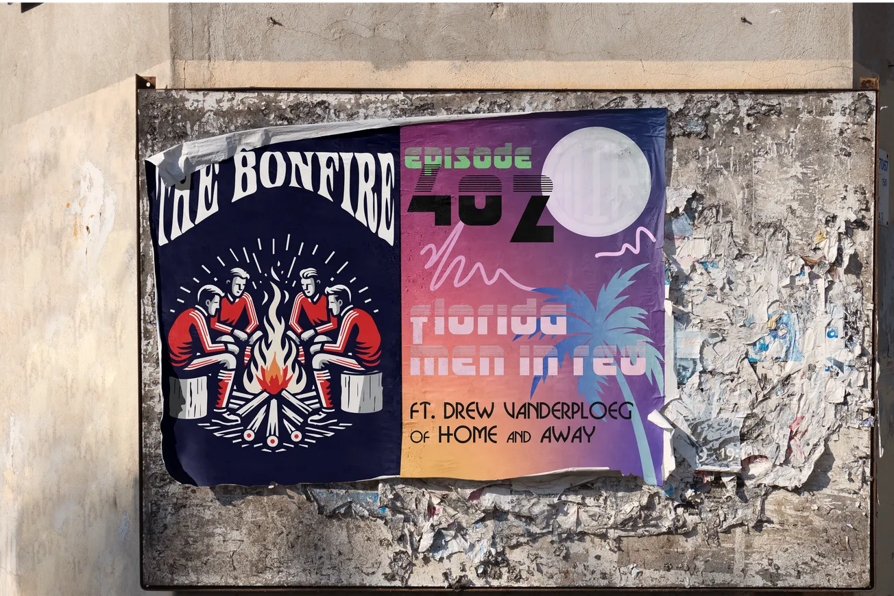 Graphic of two posters - one with The Bonfire logo and the second says "Episode 402: Florida Men In Red ft. Drew VanderPloeg of Home and Away"