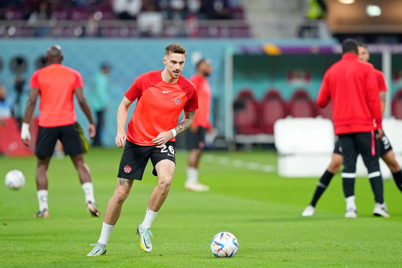 Nov 27, 2022; Doha, Qatar; Canada defender Joel Waterman (26) during warmups before a group stage match against Croatia durin