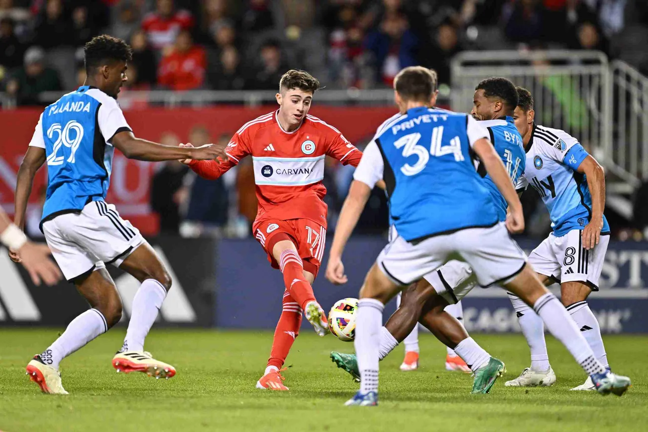May 15, 2024; Chicago, Illinois, USA; Chicago Fire FC midfielder Brian Gutierrez (17) passes against Charlotte FC during the