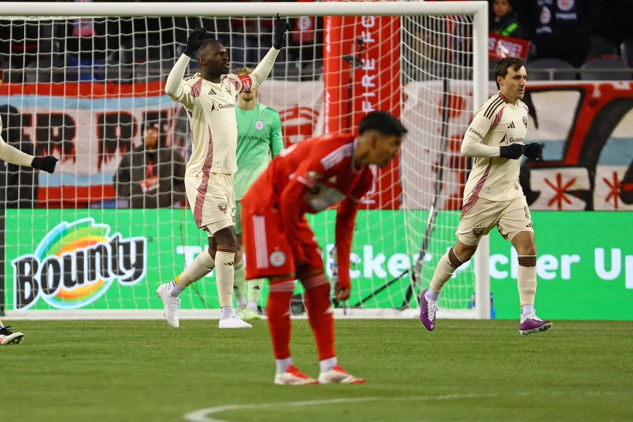 Mar 1, 2025; Chicago, Illinois, USA; D.C. United forward Christian Benteke (20) reacts after scoring a goal against Chicago F